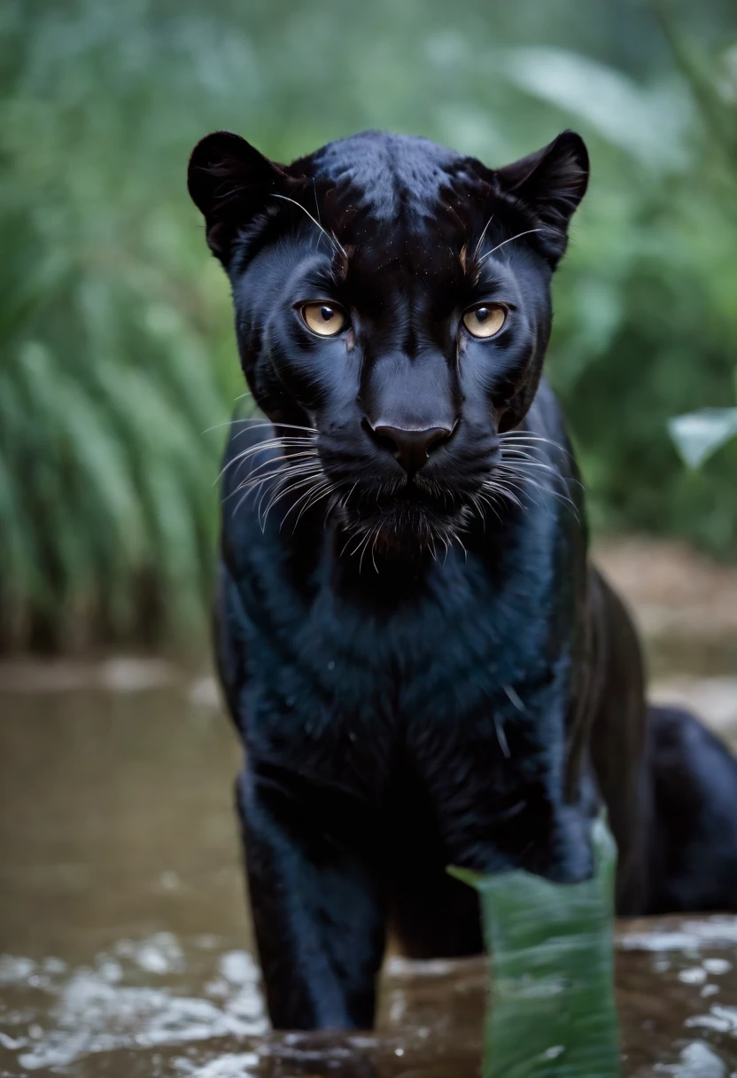 Black Panther, wet fur, heavy rain, on a riverbank, vibrantly colored vegetation in the environment, ultra detailed, intricate artwork, 8Khyper realistic cover photo dazzling in color, lighting night in the background, intricate. definition of blockbuster, cinematic, 8k resolution photo realistic masterpiece: