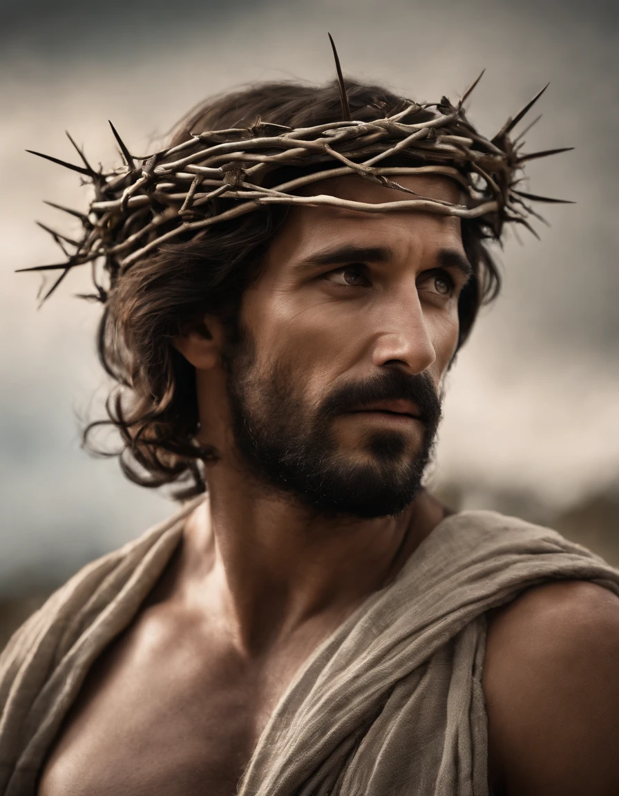 A photorealistic photo capturing Jesus on the cross, with a bird's-eye view looking straight down at Him. ((Crown of thorns on head)). The focus of the image is on Jesus' face as He gazes up at the heavens, gasping for air in the midst of His crucifixion. The scene is set outdoors, with a clear sky in the background. The lighting should be dramatic, emphasizing the emotional intensity of the moment, with rays of sunlight breaking through the clouds to create a sense of divine presence.