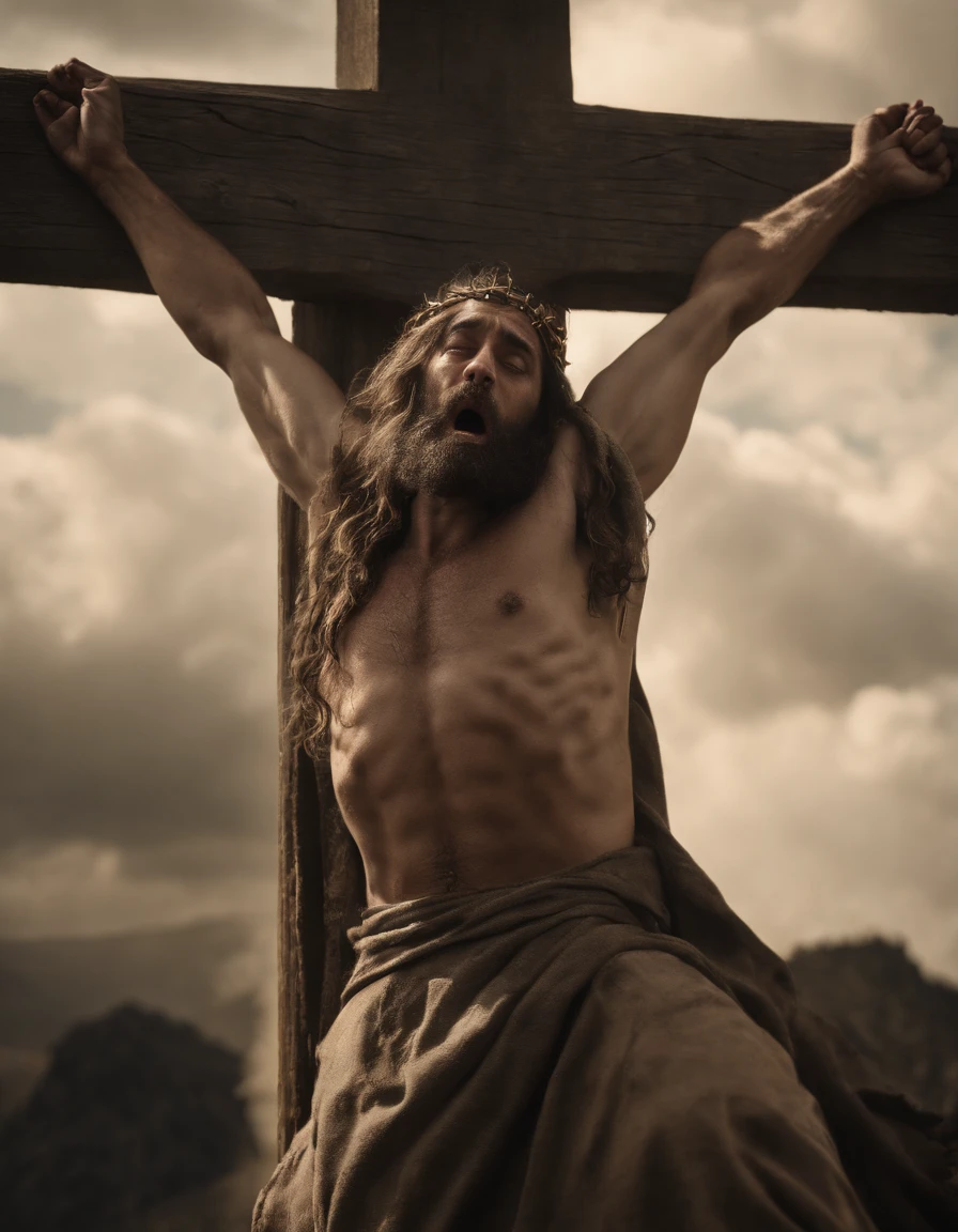 A photorealistic photo capturing Jesus on the cross, with a bird's-eye view looking straight down at Him. ((Crown of thorns on head)). The focus of the image is on Jesus' face as He gazes up at the heavens, gasping for air in the midst of His crucifixion. The scene is set outdoors, with a clear sky in the background. The lighting should be dramatic, emphasizing the emotional intensity of the moment, with rays of sunlight breaking through the clouds to create a sense of divine presence.