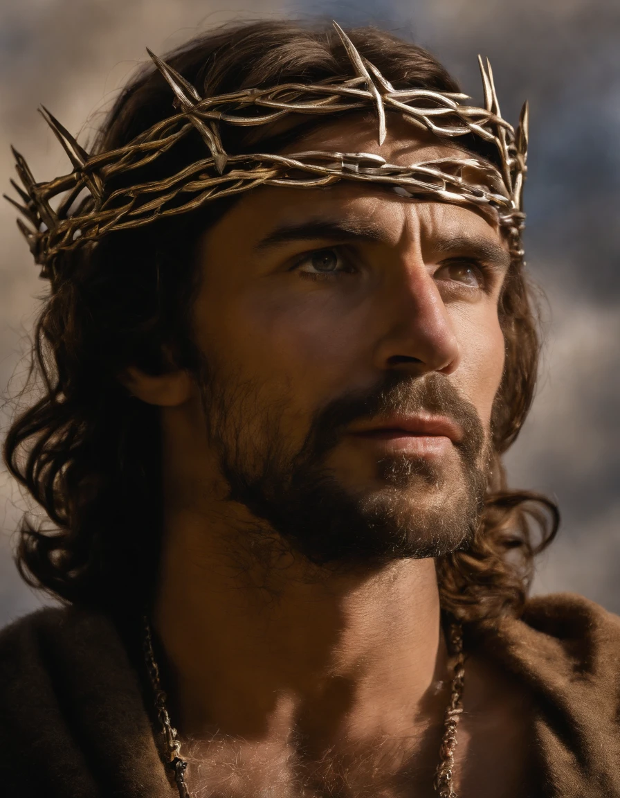 A photorealistic photo capturing Jesus on the cross, with a bird's-eye view looking straight down at Him. ((Crown of thorns on head)). The focus of the image is on Jesus' face as He gazes up at the heavens, gasping for air in the midst of His crucifixion. The scene is set outdoors, with a clear sky in the background. The lighting should be dramatic, emphasizing the emotional intensity of the moment, with rays of sunlight breaking through the clouds to create a sense of divine presence.