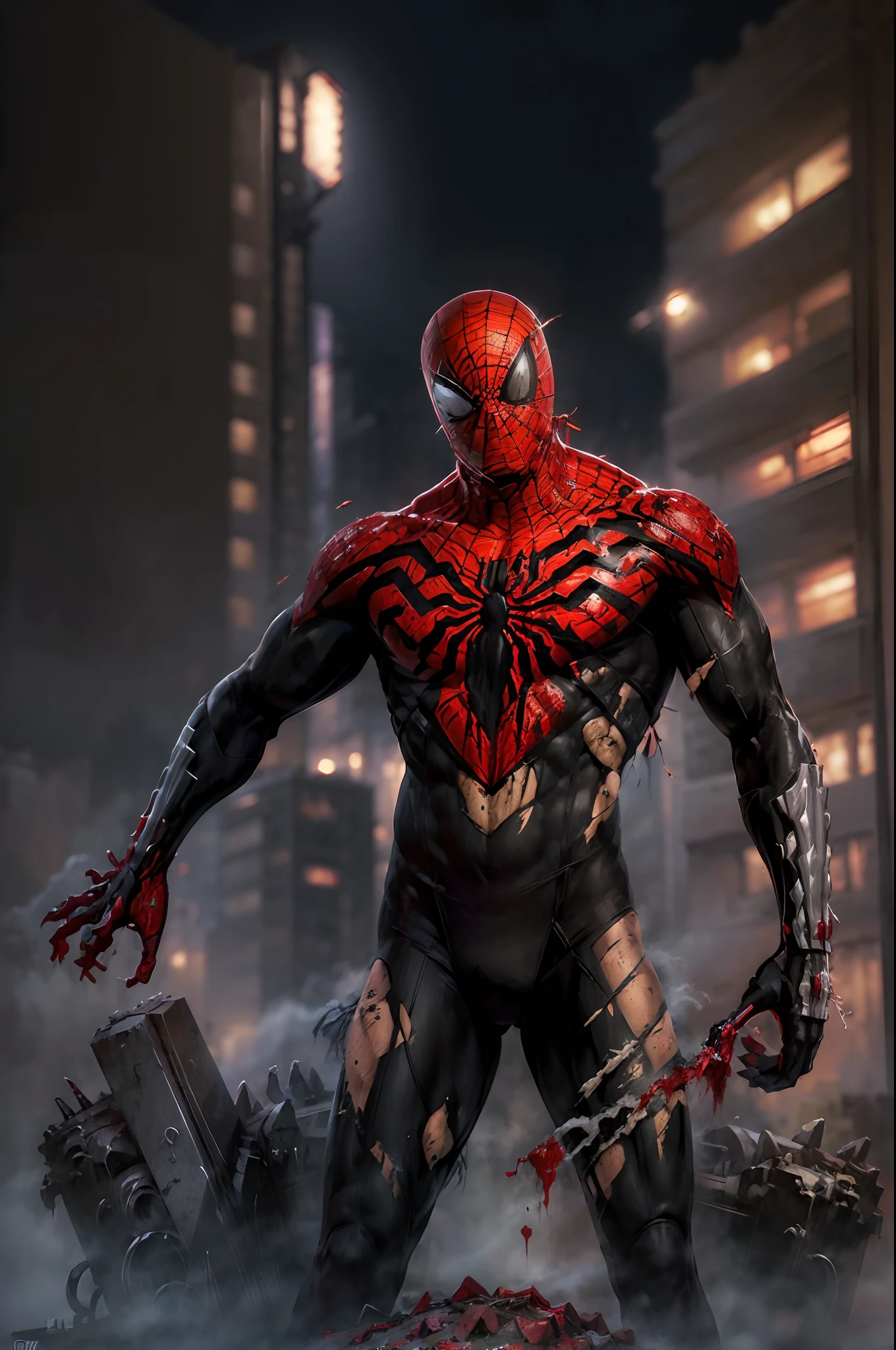 Killer Spider-Man (The whole suit is covered in blood, torn suit pieces) da Marvel, with intricate and angular cybernetic implants inside a brutalist building, Gothic brutalist cathedral, Cyberpunk, Foto premiada, Bokeh, neon lights, Membro 4K Cyber cor verde