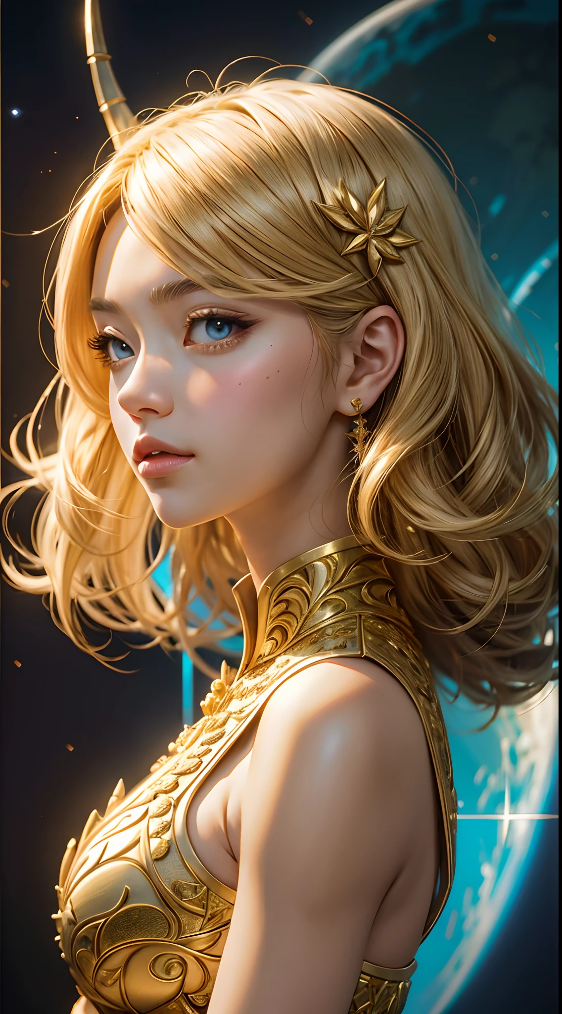 Blonde-haired woman with a golden dress and a watch in the background, Artgerm extremamente detalhado, Artgerm. anime illustration, Artgerm. High detail, retrato Artgerm, Artgerm em ArtStation Pixiv, Modelo IG | Artgerm, arte de anime digital detalhada, Artgerm detalhado, portrait knights of zodiac girl
