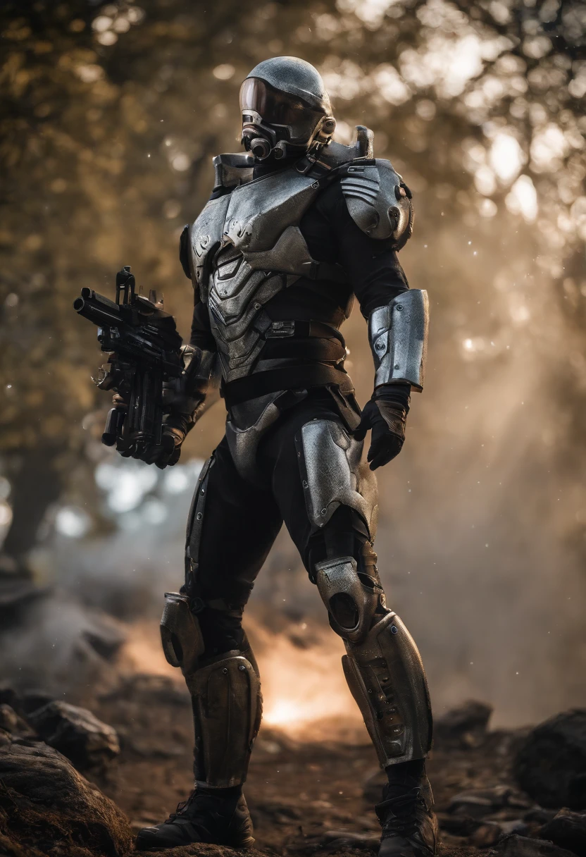 best quality, masterpiece, high resolution, star warrior, Silver tech armor, dynamic pose, alien ground, extreme lightning, scattered random lights, whisper, fractal, high resolution, 8K
