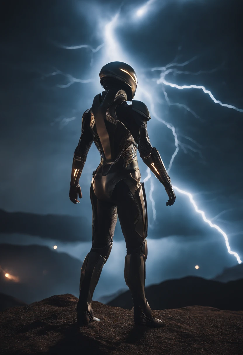 best quality, masterpiece, high resolution, star warrior, Silver tech armor, dynamic pose, alien ground, extreme lightning, scattered random lights, whisper, fractal, high resolution, 8K