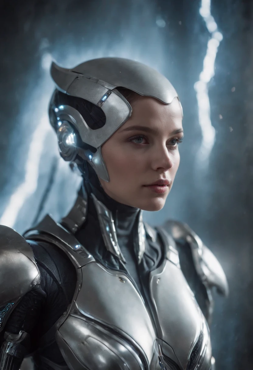 best quality, masterpiece, high resolution, star warrior, Silver tech armor, dynamic pose, alien ground, extreme lightning, scattered random lights, whisper, fractal, high resolution, 8K