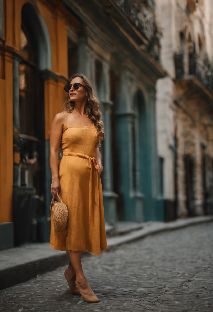 Woman 1.5], centered, pregnant woman standing in the city, wearing summer clothes, facing the camera, day light, luminous, intricate detail, cinematic, award winning photo, cinematic quality, hot colors, perfect shadows, 8K