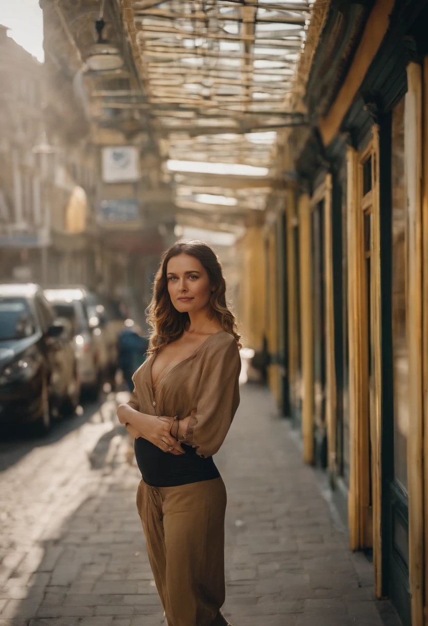 Woman 1.5], centered, pregnant woman standing in the city, wearing summer clothes, facing the camera, day light, luminous, intricate detail, cinematic, award winning photo, cinematic quality, hot colors, perfect shadows, 8K
