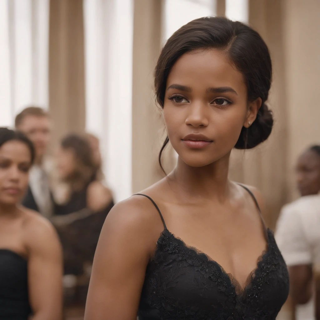 hembra, 19-year-old South African, cabello negro, cabello mediano, pecho mediano, flequillo, 2girl, vestido elegante oficina
