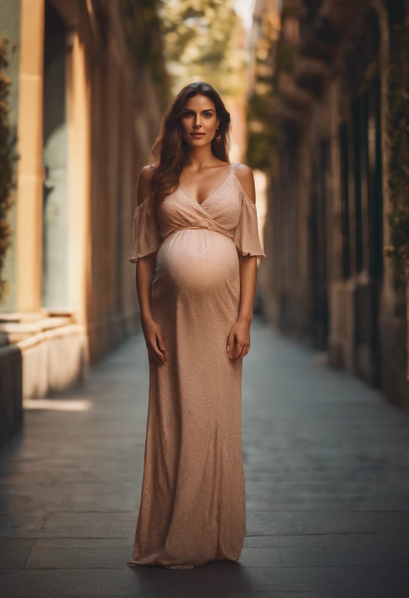 Woman 1.5], centered, pregnant woman standing in the city, wearing summer clothes, facing the camera, day light, luminous, intricate detail, cinematic, award winning photo, cinematic quality, hot colors, perfect shadows, 8K