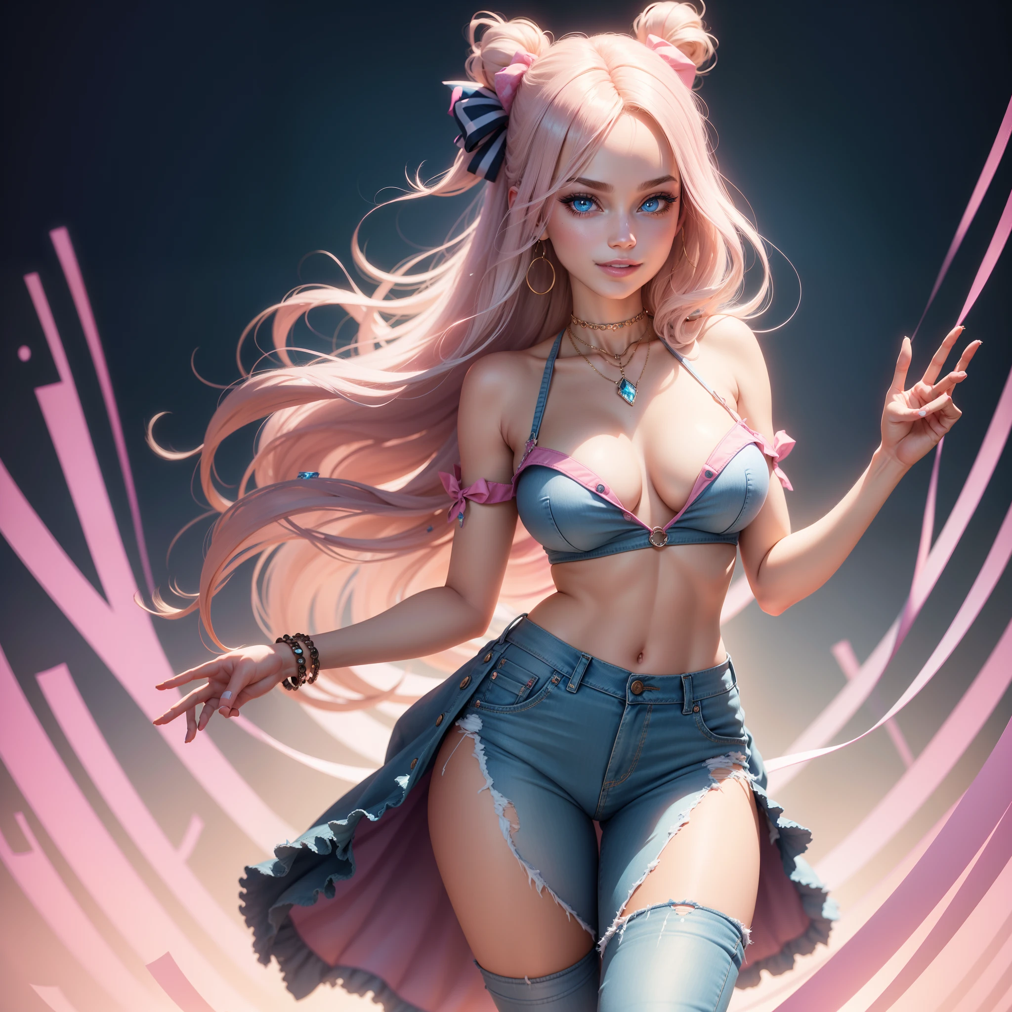 Barbie, ((Full body)), Blue eyes, Smiling face, Hair loss swaying in the wind, Hip Hop Singer Pose, Dressed in hip-hop style, Wearing Denim,swarovski,pasties,With a pink bow on the arm, Fashion, Extremely high quality, high details, 8K, clean back ground, in studio, ((Full body shot)),Align your fingers neatly,Accurate Hand Modeling,wave her hand,
