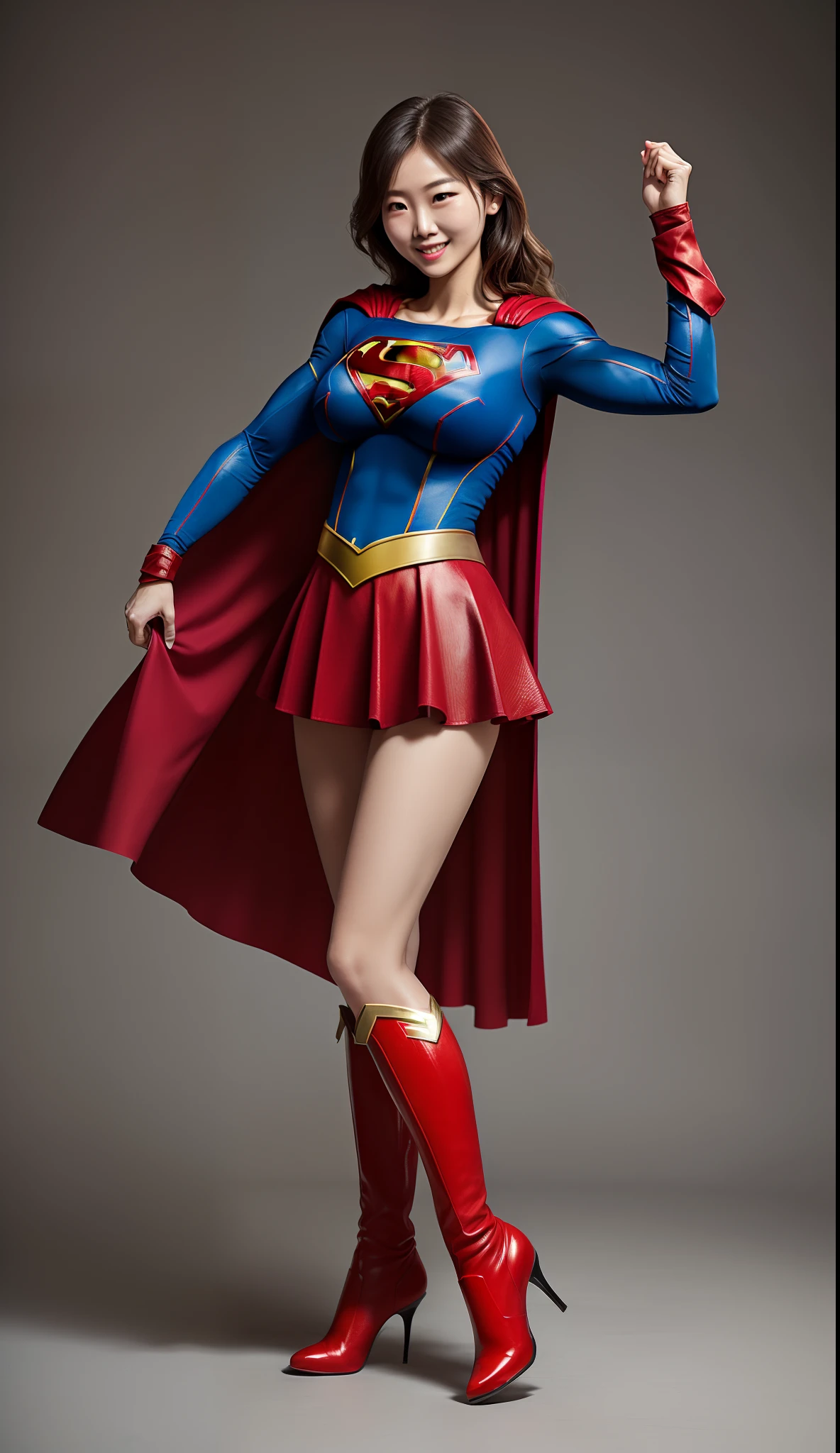 (((Make the most of the original image)))、(((Supergirl Costume)))、(((lustrous dark hair)))、(((Suffering)))、(((Feet must necessarily be worn with black tights)))、(((Smile)))、(((You need to wear red boots)))、((Top image quality、8K))、((top-quality、8K、​masterpiece:1.3))、Crisp focus:1.2、Beautiful woman with perfect body shape:1.4、Slender Abs:1.2、((layers-Cut、large boob:1.2))、a wet body:1.5、Highly detailed facial and skin texture、