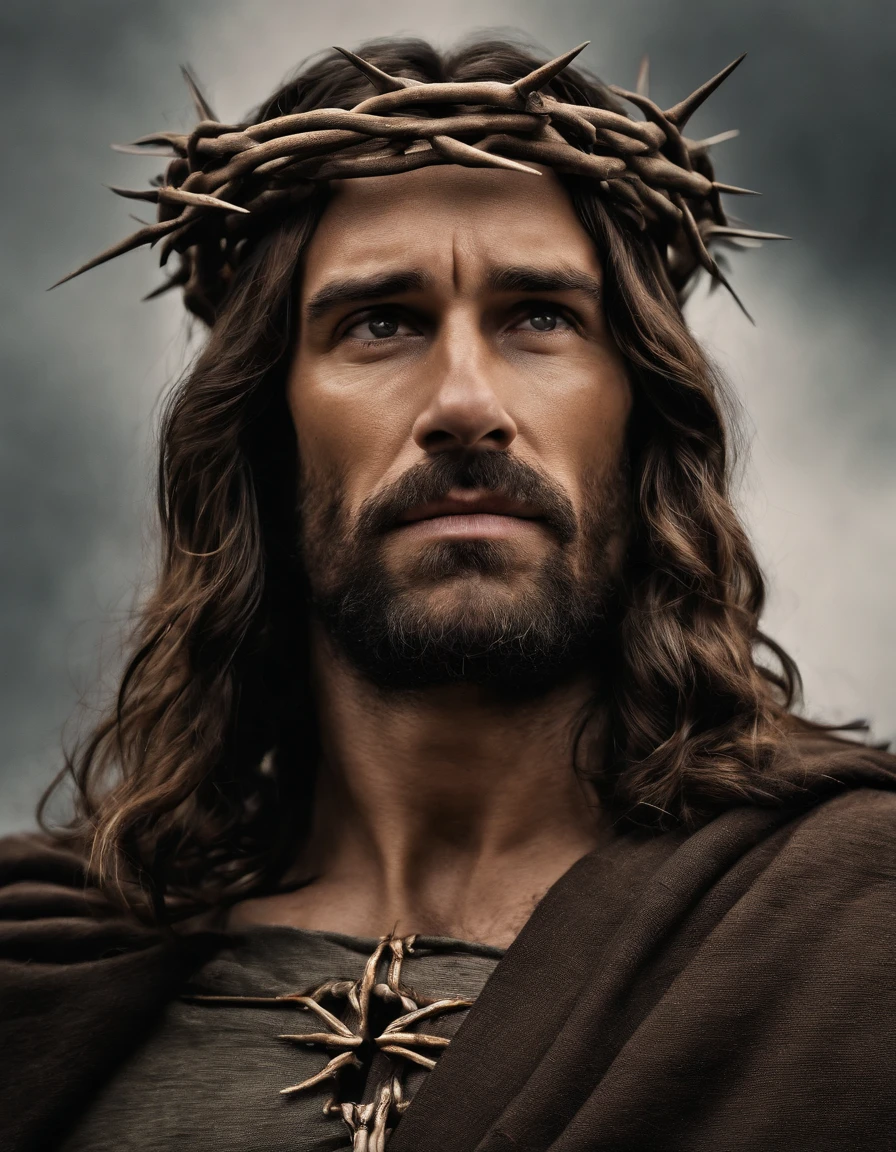 A photorealistic photo capturing Jesus on the cross, with a bird's-eye view looking straight down at Him. ((Crown of thorns on head)). The focus of the image is on Jesus' face as He gazes up at the heavens, gasping for air in the midst of His crucifixion. The scene is set outdoors, with a clear sky in the background. The lighting should be dramatic, emphasizing the emotional intensity of the moment, with rays of sunlight breaking through the clouds to create a sense of divine presence.