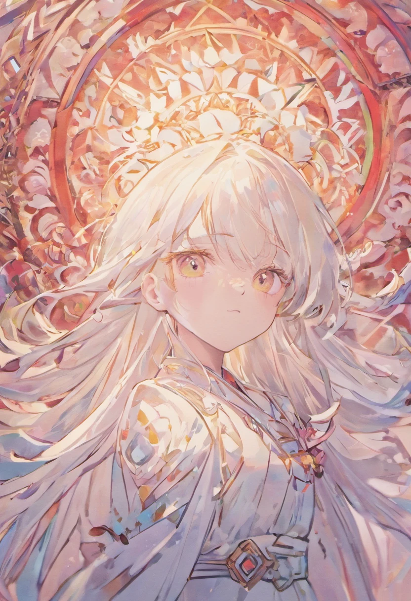 (White background:1.4),(The face of the girl's head, Eyes open, long white hair、Oriental elements)，(Chinese Illustration:1.3，Quilted Paper Art:1.2),( Reasonable design, Clear lines, High Sharpness,Best Quality, Very detailed, masutepiece, Movie Light Effects, 4K )、inky、Around the ink、A slight smil、Pink eyes、Pedras preciosas