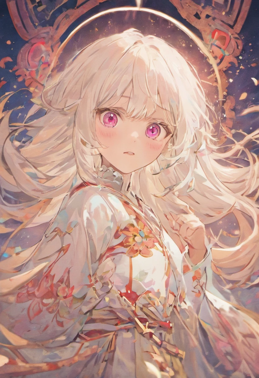 (White background:1.4),(The face of the girl's head, Eyes open, long white hair、Oriental elements)，(Chinese Illustration:1.3，Quilted Paper Art:1.2),( Reasonable design, Clear lines, High Sharpness,Best Quality, Very detailed, masutepiece, Movie Light Effects, 4K )、inky、Around the ink、A slight smil、Pink eyes、Pedras preciosas