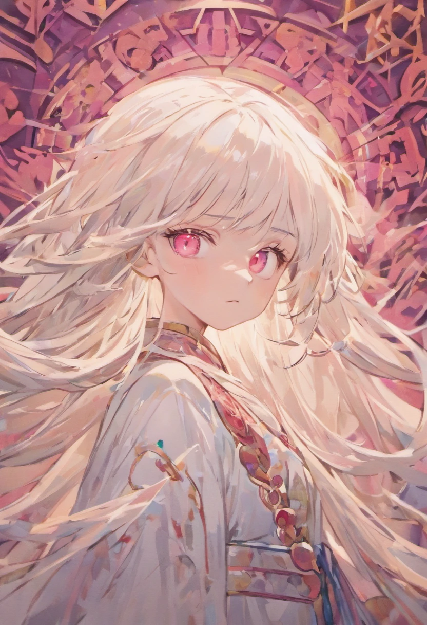 (White background:1.4),(The face of the girl's head, Eyes open, long white hair、Oriental elements),(Chinese Illustration:1.3,Quilted Paper Art:1.2),( Reasonable design, Clear lines, High Sharpness,Best Quality, Very detailed, masutepiece, Movie Light Effects, 4K )、inky、Around the ink、A slight smil、Pink eyes、Pedras preciosas
