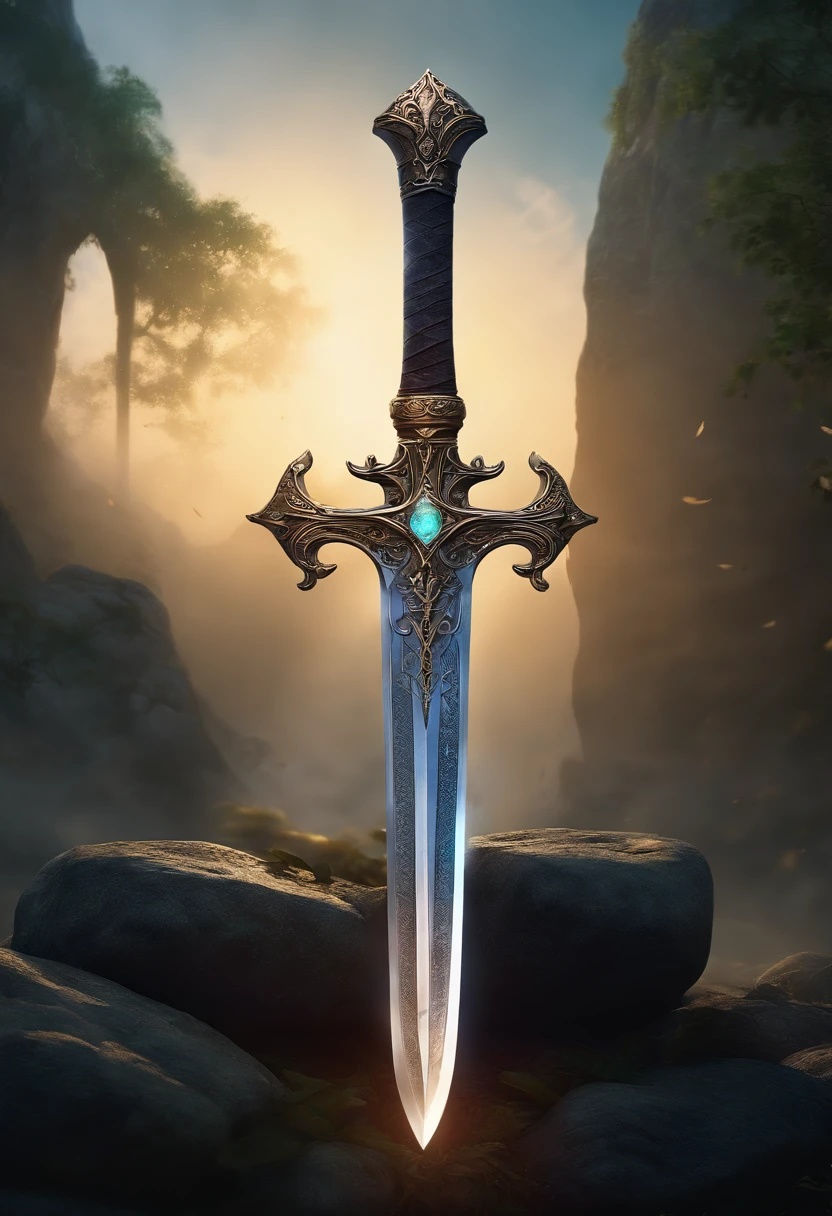 an enchanted sword firmly embedded in a stone, (best quality, 4k, highres, masterpiece:1.2), fantasy artwork, ethereal glow, ancient magic, detailed engraving on the sword, mythical energy surrounding it, mystical atmosphere, vibrant colors, dramatic lighting