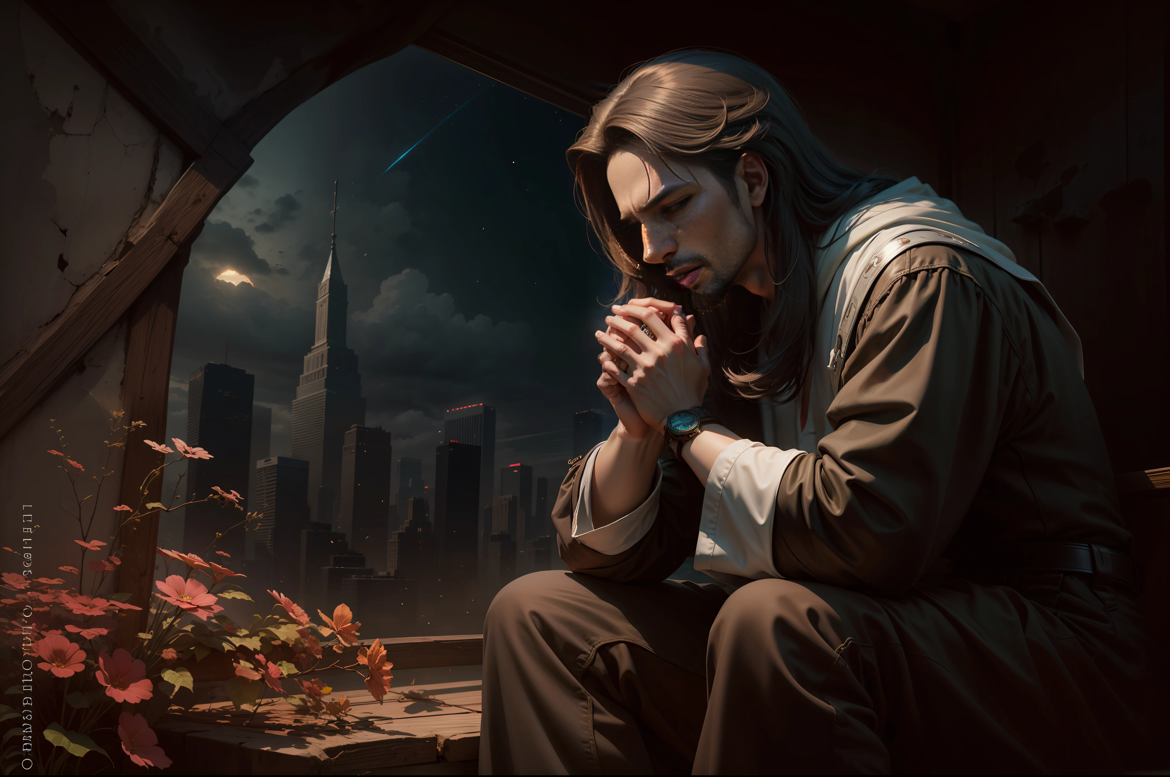 doa, homem rezando, homem orando, rezando, FAITH IN GOD, Jesus Cristo, Cristo Jesus, Messias, prayers to God, montanhas, caminhos, natureza, Deus, skies, celestial, fotorrealismo, fotorrealista, ultra hd, 4k, texturas detalhadas, cores detalhadas, sombras realistas, sombras detalhadas, Cristo, decente, long tunic,
