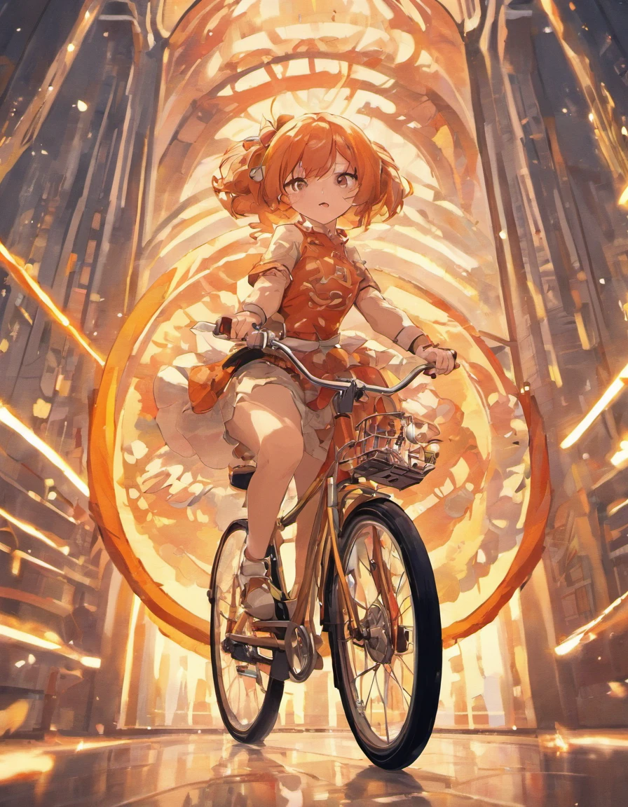 a beautyful girl riding a cycle 3d art,cartoonish,high qualoity high details,4k,orange and pearl color