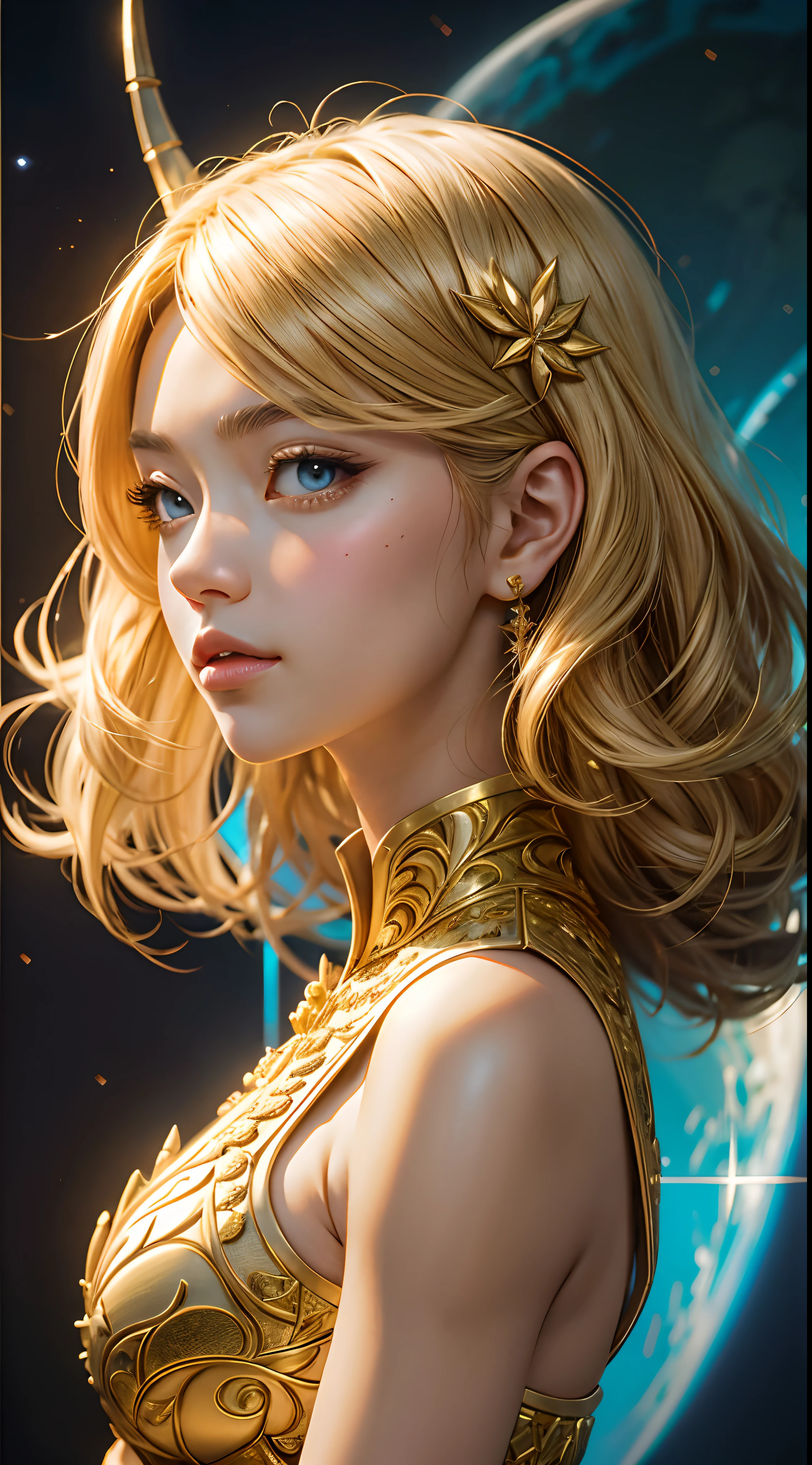 Blonde-haired woman with a golden dress and a watch in the background, Artgerm extremamente detalhado, Artgerm. anime illustration, Artgerm. High detail, retrato Artgerm, Artgerm em ArtStation Pixiv, Modelo IG | Artgerm, arte de anime digital detalhada, Artgerm detalhado, portrait knights of zodiac girl