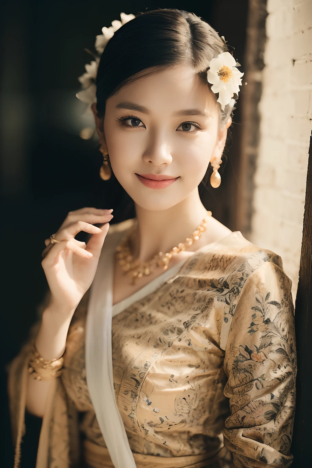 (best quality,4k,8k,highres,masterpiece:1.2),ultra-detailed,(realistic,photorealistic,photo-realistic:1.37),portrait,stunning Burmese patterned traditional dress lady,beautifully adorned,eye-catching brocade patterns,rich and vibrant colors,detailed embroidery work,exquisite textures,meticulously handcrafted dress,vividly captures the essence of Burmese culture,traditional floral motifs,graceful silhouette,fine folds and pleats,accentuates the lady's elegance,black single bun hair with flower,intricately arranged hairpiece,delicate and feminine,adds a touch of sophistication,soft yet confident expression,deep and captivating eyes,lustrous lips with a hint of a smile,flawless complexion,golden accessories,polished and refined,mesmerizing presence,subtle lighting,dramatic shadows,showcases the lady's grace and beauty,immersive visual experience