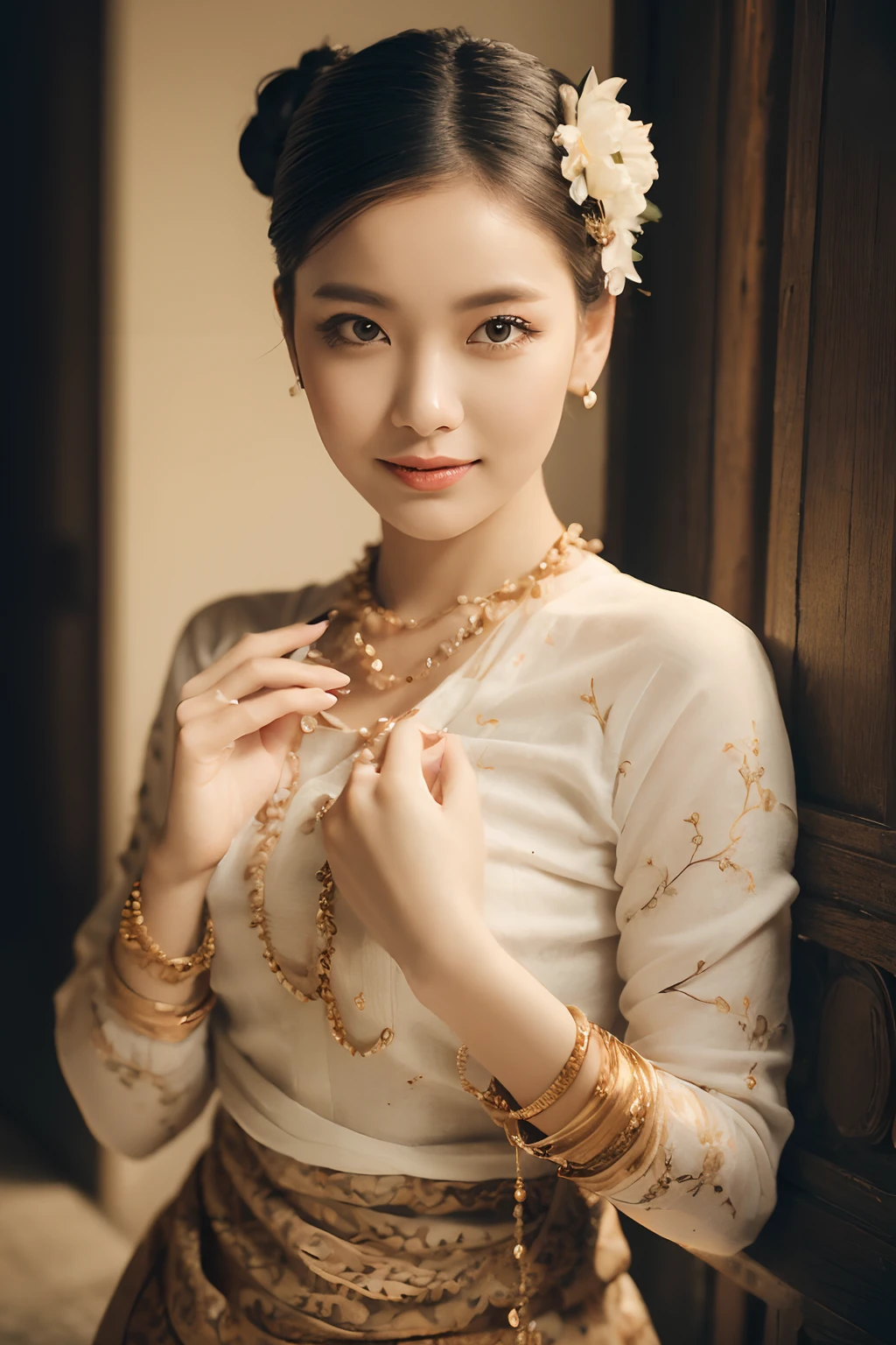 (best quality,4k,8k,highres,masterpiece:1.2),ultra-detailed,(realistic,photorealistic,photo-realistic:1.37),portrait,stunning Burmese patterned traditional dress lady,beautifully adorned,eye-catching brocade patterns,rich and vibrant colors,detailed embroidery work,exquisite textures,meticulously handcrafted dress,vividly captures the essence of Burmese culture,traditional floral motifs,graceful silhouette,fine folds and pleats,accentuates the lady's elegance,black single bun hair with flower,intricately arranged hairpiece,delicate and feminine,adds a touch of sophistication,soft yet confident expression,deep and captivating eyes,lustrous lips with a hint of a smile,flawless complexion,golden accessories,polished and refined,mesmerizing presence,subtle lighting,dramatic shadows,showcases the lady's grace and beauty,immersive visual experience