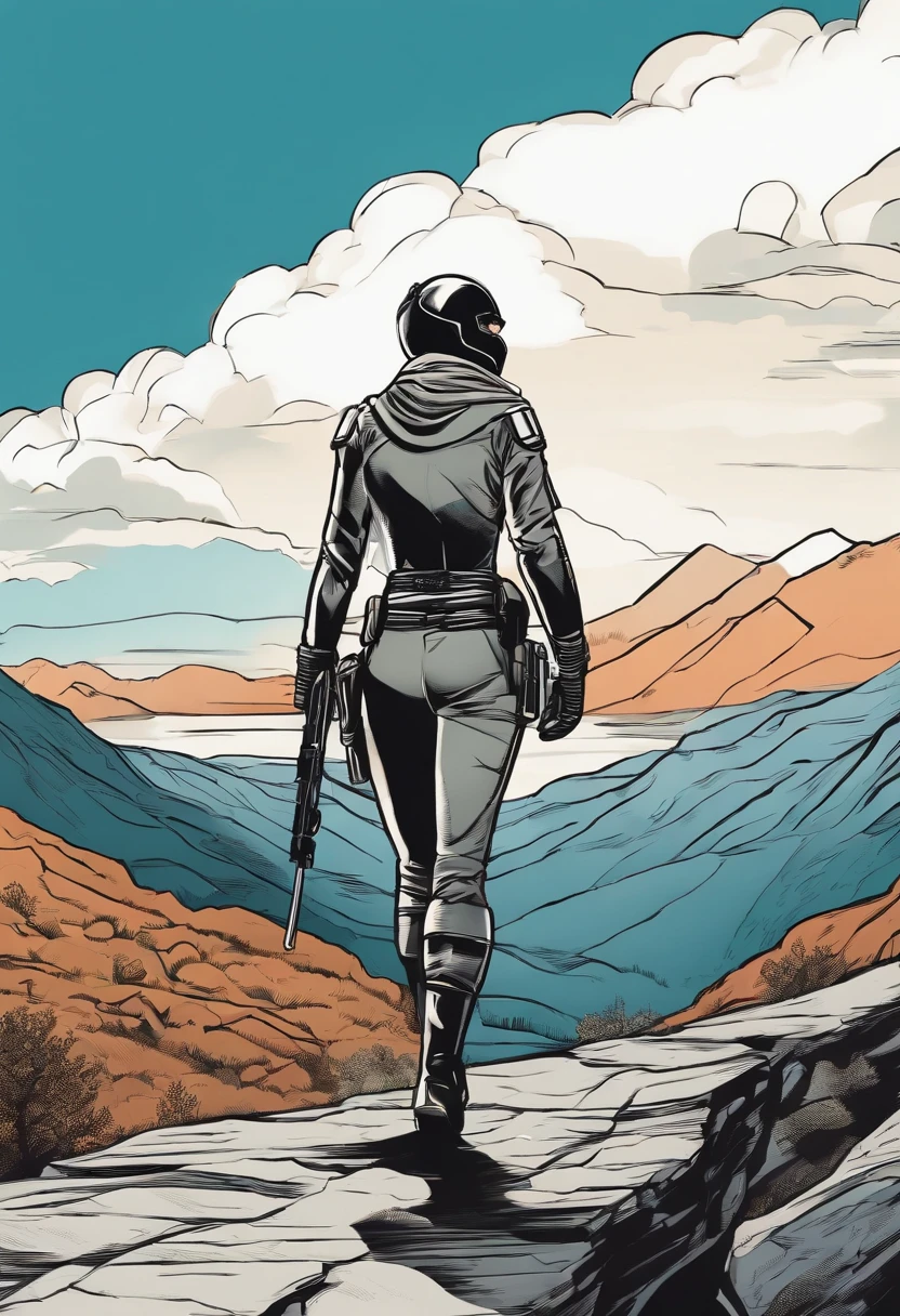 Woman Hero, strong, full body, soldier uniform, black mask, silver gloves, walking in the mountain, parallel perspective, comic style, colorful comics style, [black lines outline 0.8], professional art drawing for print, high definition, 8k