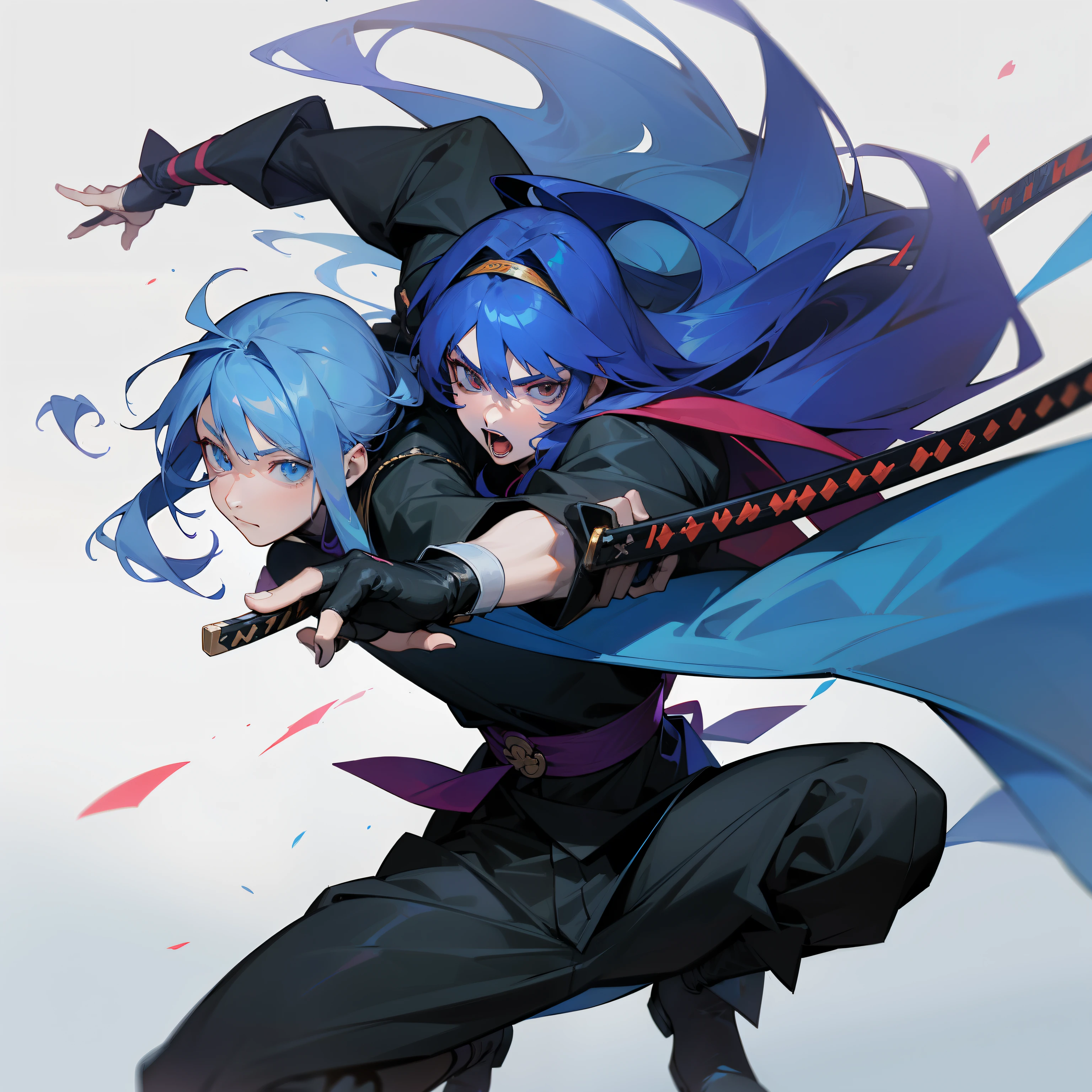 ((4k_maxima calidad_Anime)) a 19-year-old man with long blue hair, Una diadema ninja, guantes sin dedos, Botas, una camisa, Una chaqueta y una katana en su cadera
