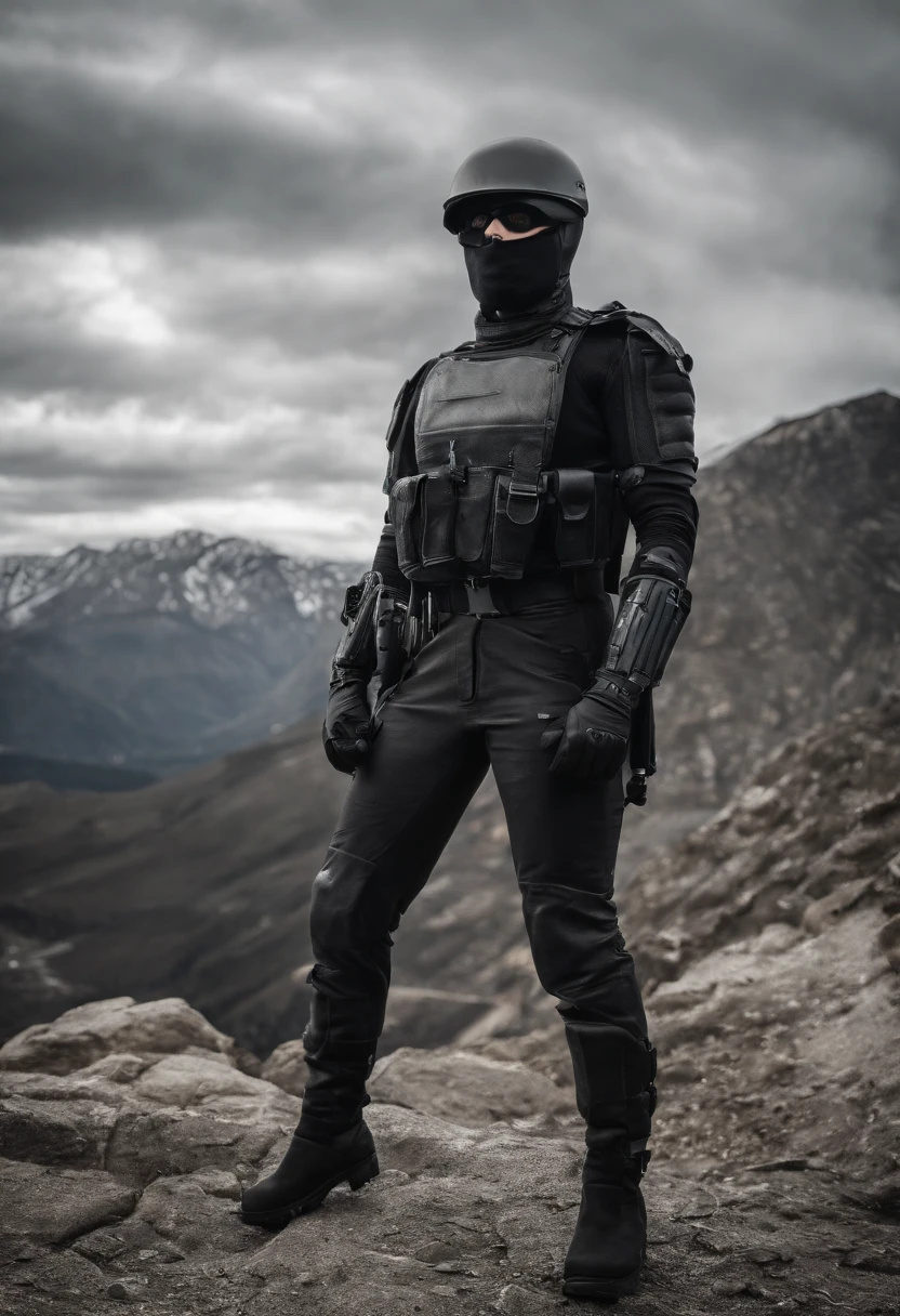 Woman Hero, strong, full body, soldier uniform, black mask, silver gloves, walking in the mountain, parallel perspective, comic style, colorful comics style, [black lines outline 0.8], professional art drawing for print, high definition, 8k