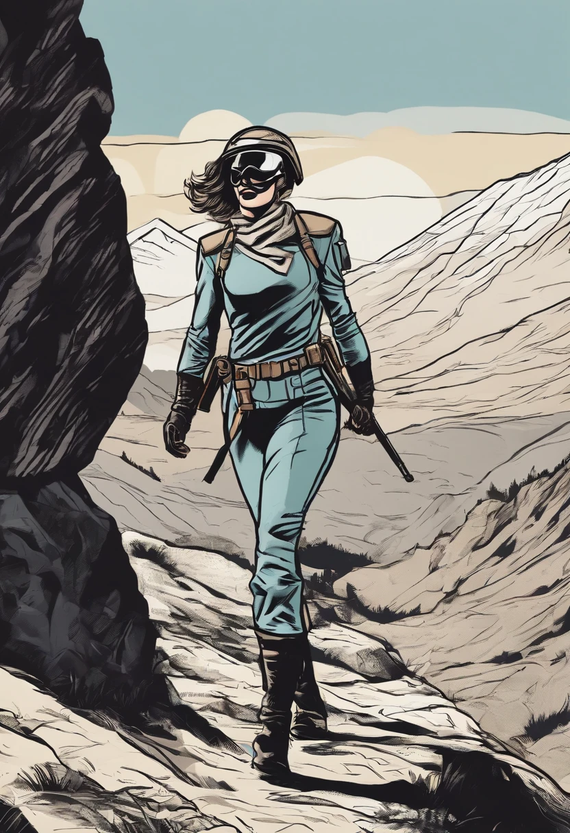 Woman Hero, strong, full body, soldier uniform, black mask, silver gloves, walking in the mountain, parallel perspective, comic style, colorful comics style, [black lines outline 0.8], professional art drawing for print, high definition, 8k