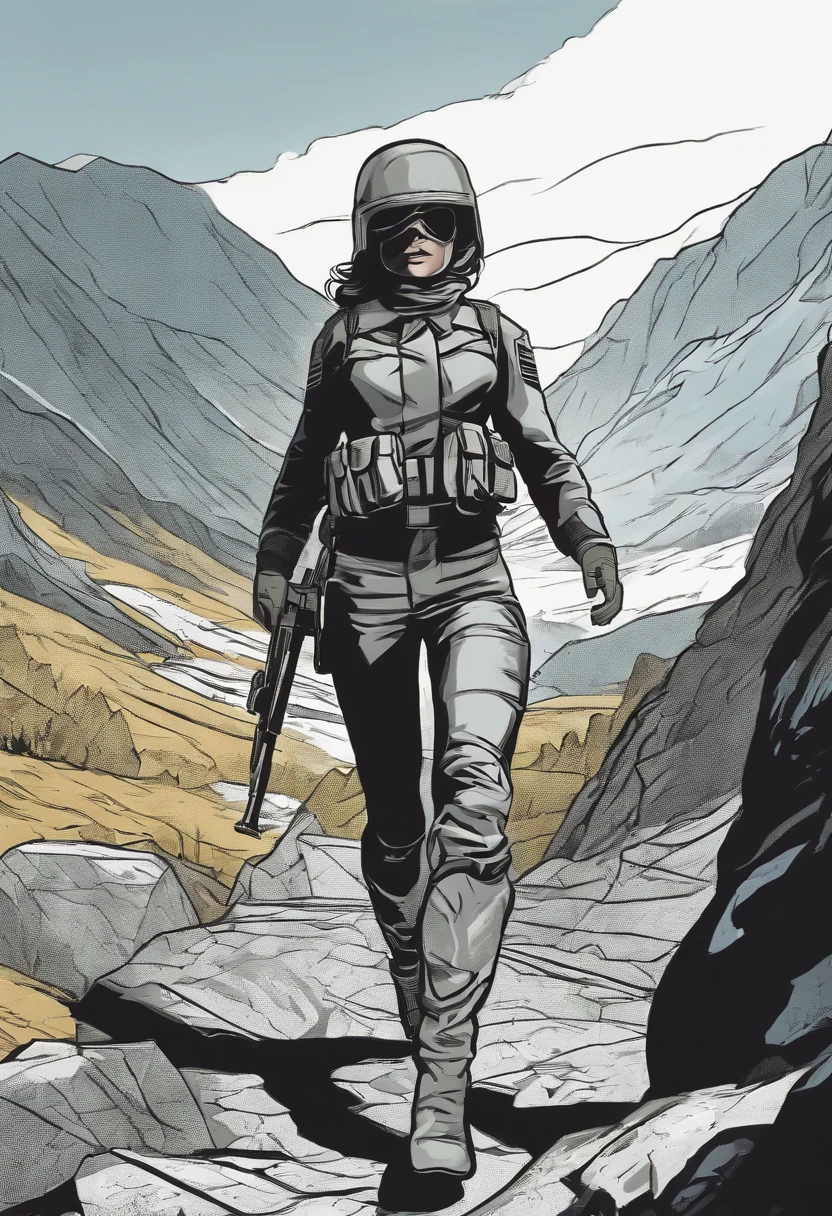 Woman Hero, strong, full body, soldier uniform, black mask, silver gloves, walking in the mountain, parallel perspective, comic style, colorful comics style, [black lines outline 0.8], professional art drawing for print, high definition, 8k