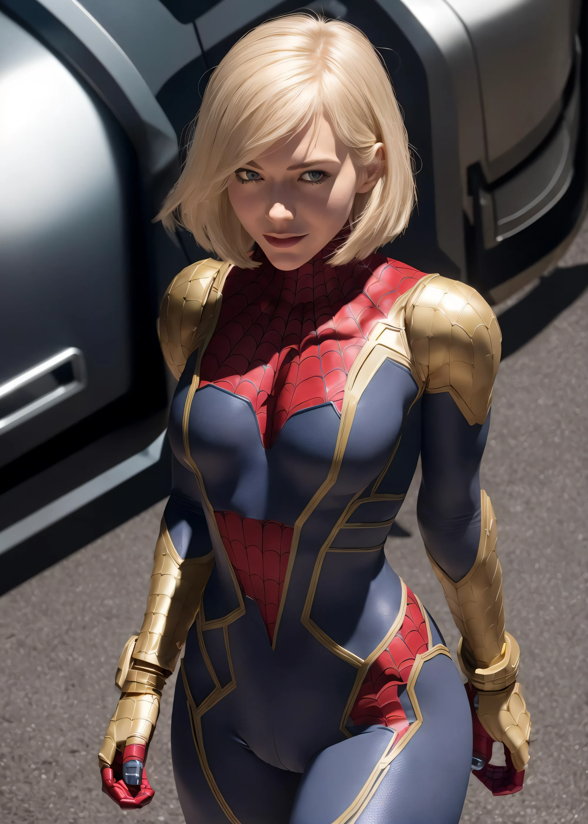 Gwen Stacy, The Venom, the spiderman abs, bara, black hair, spider women, blue eyes, large pectorals, female focus, muscular, muscular female, pectoral lift, pectorals, short hair, solo, superhero, upper body,flat style , ((masterpiece)), run fast, 1 girl, breast, (golden armor), full body, detailed city view, (metal skin), jumpsuit, ironman, smile, robot, metal skin,