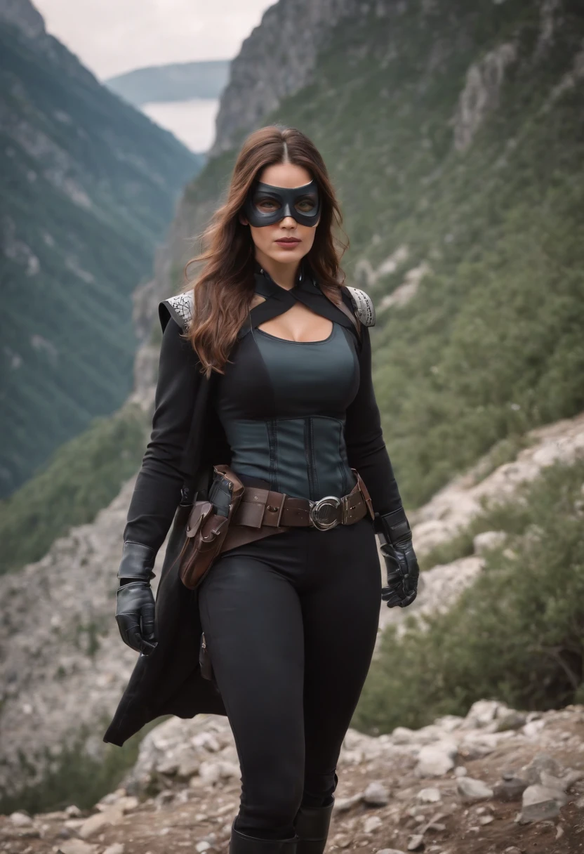 Woman Hero, strong, full body, soldier uniform, black mask, silver gloves, walking in the mountain, parallel perspective, comic style, colorful comics style, [black lines outline 0.8], professional art drawing for print, high definition, 8k