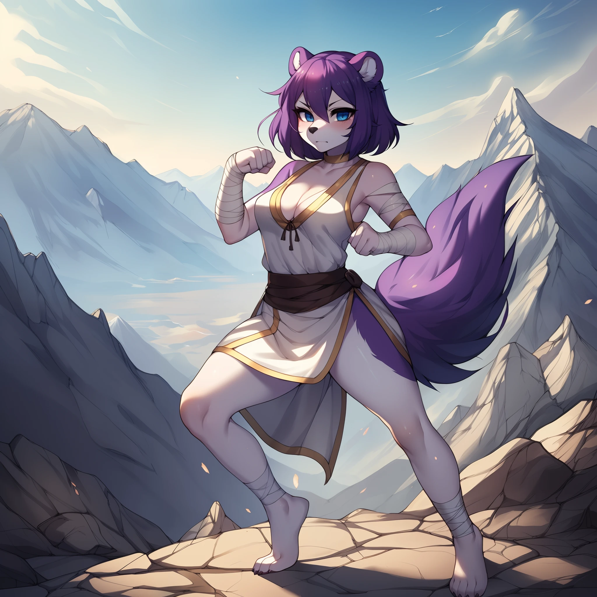 (By whisperingfornothing, by gudlmok99, By hyattlen, by fumiko, by claweddrip), solo, one girl, a purple anthro furry skunk girl, female, purple_body:1.3, white chest, black nose, (cute_snout), purple_skunk_tail:1.2, ( short dark purple hair), solid blue eyes, wearing white fantasy monk clothes, barefoot, arms and hands wrapped in bandages, fighting stance, pov,  angry eyes, on a mountain, fantasy art, detailed background, good anatomy, nice hands,