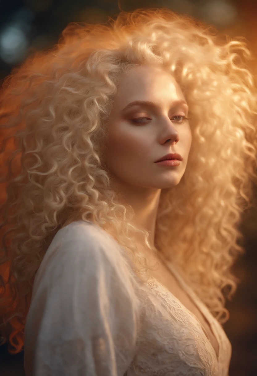 Albino woman, curly hair, intricate artwork, 8k, 20 years old, full body, blonde hair, sun, hot colors, perfect shadows, 8K