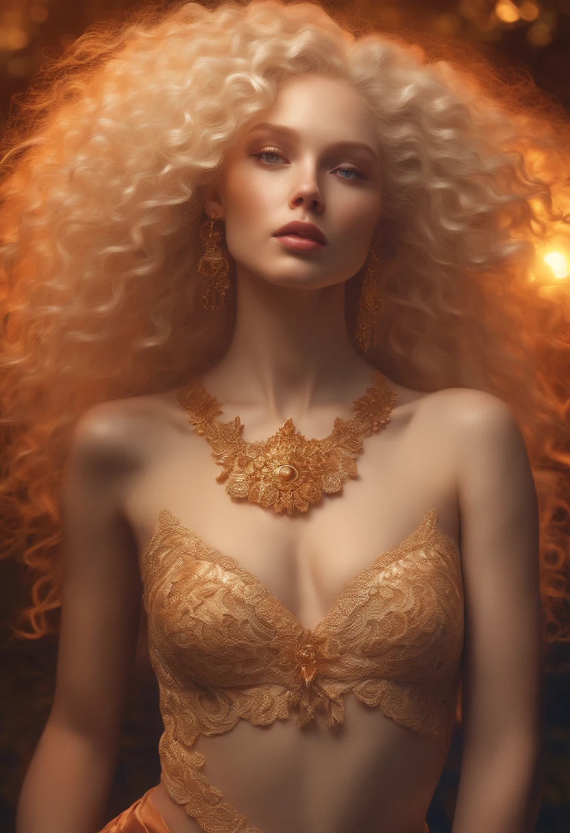 Albino woman, curly hair, intricate artwork, 8k, 20 years old, full body, blonde hair, sun, hot colors, perfect shadows, 8K