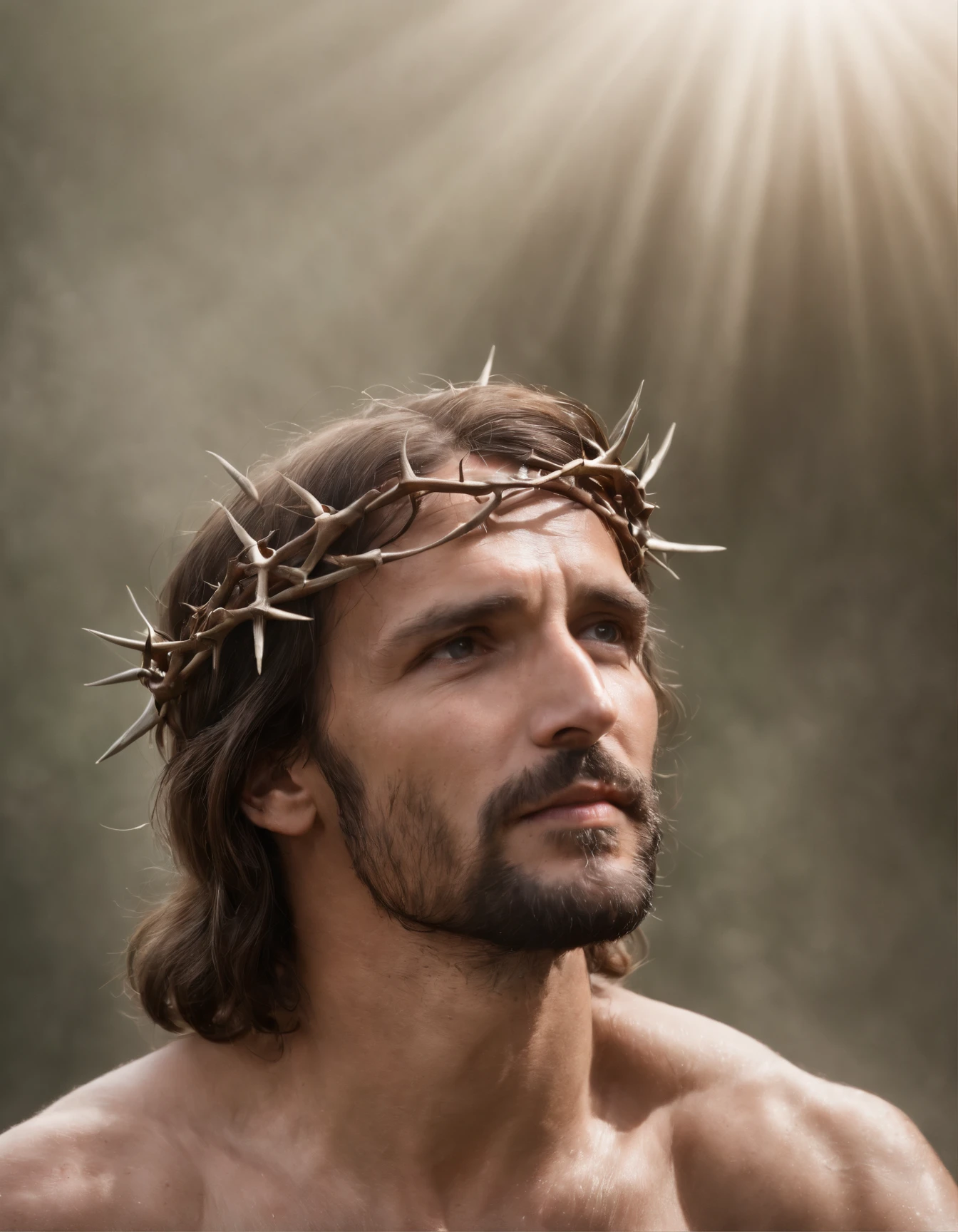 A photorealistic photo capturing Jesus on the cross, with a bird's-eye view looking straight down at Him. ((Crown of thorns on head)). The focus of the image is on Jesus' face as He gazes up at the heavens, gasping for air in the midst of His crucifixion. The scene is set outdoors, with a clear sky in the background. The lighting should be dramatic, emphasizing the emotional intensity of the moment, with rays of sunlight breaking through the clouds to create a sense of divine presence.