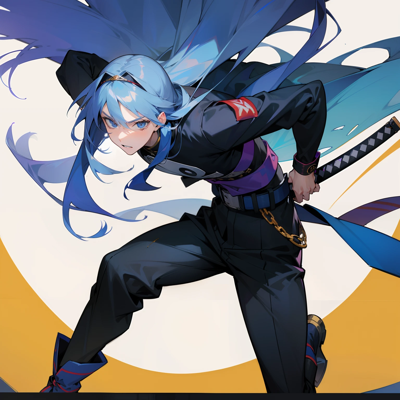 ((4k_maxima calidad_Anime)) a 19-year-old man with long blue hair, Una diadema ninja, guantes sin dedos, Botas, una camisa, Una chaqueta y una katana en su cadera