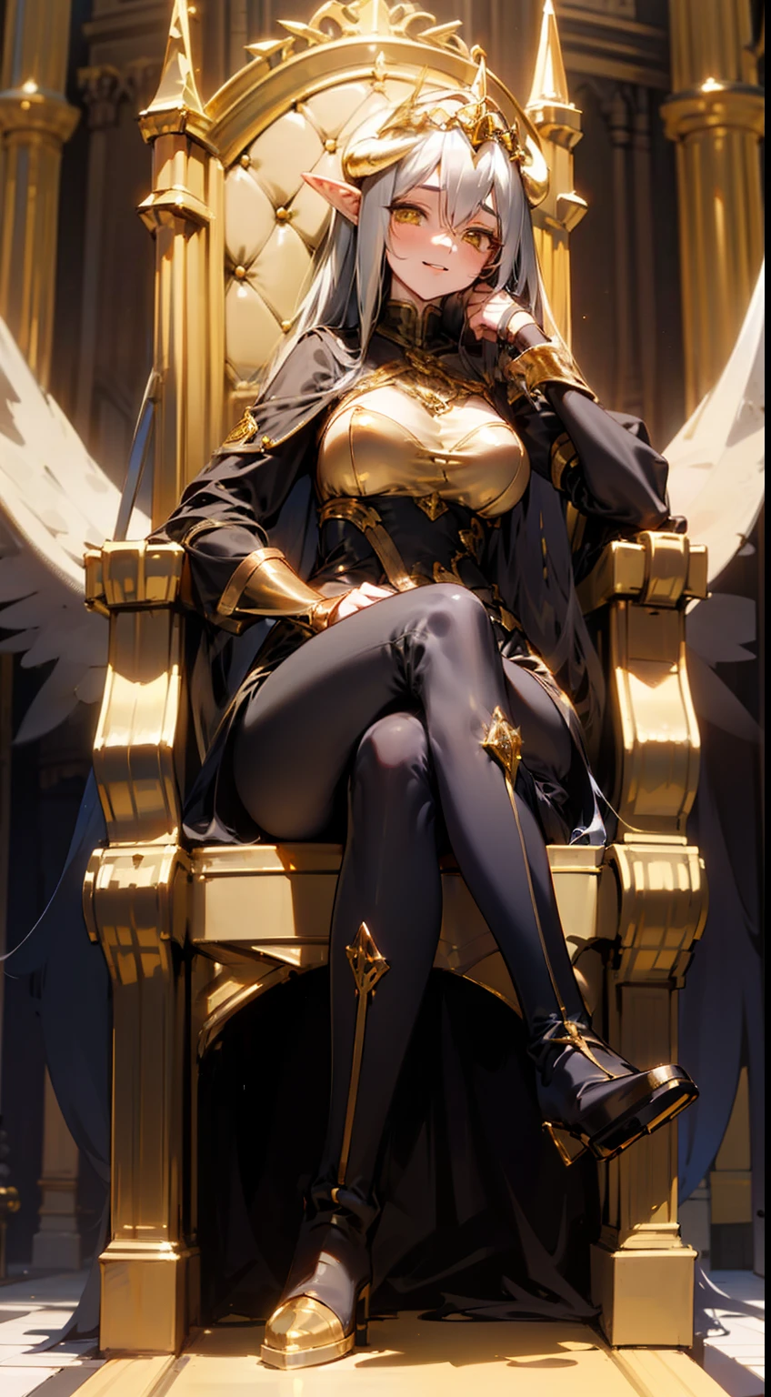 1girl,20 years,solo,happy face,black and golden long dress,medium tits,white hair,long hair,yellow eyes,elves ears, black small horns,white pantyhose,Detailed Long Boots,gold tiara,Luxurious Gold Decoration,(((sitting on a throne inside a castle)))