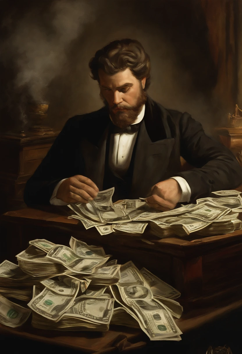 um homem lutando contra o dinheiro, oil painting, pinceladas duras, dramatic lighting, intense expression, Olhos determinados, punhos cerrados, suor escorrendo pelo rosto, terno enrugado, Correntes quebradas, Crumbling dollar bills, Chart of the crumbling stock market, smoke rising in the background, preto e branco com um toque de ouro, realismo. (best quality, Altas, ultra-detalhado), (Realistic:1.37), profissional, vivid colors.