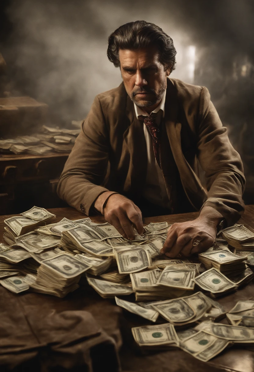 um homem lutando contra o dinheiro, oil painting, pinceladas duras, dramatic lighting, intense expression, Olhos determinados, punhos cerrados, suor escorrendo pelo rosto, terno enrugado, Correntes quebradas, Crumbling dollar bills, Chart of the crumbling stock market, smoke rising in the background, preto e branco com um toque de ouro, realismo. (best quality, Altas, ultra-detalhado), (Realistic:1.37), profissional, vivid colors.