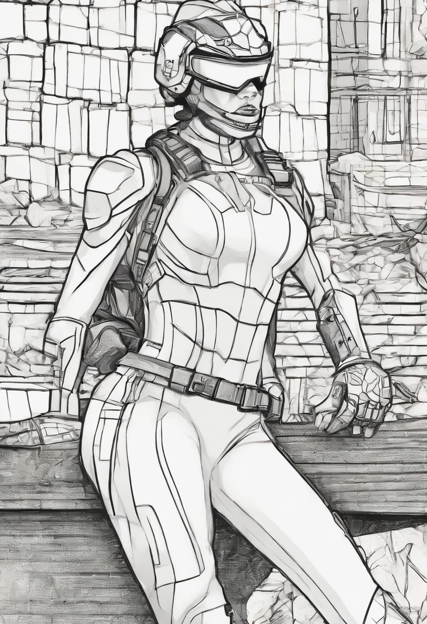 Woman Hero, strong, full body, soldier uniform, black mask, silver gloves, seated, comic style, colorful comics style, [black lines outline 0.8], professional art drawing for print, high definition, 8k