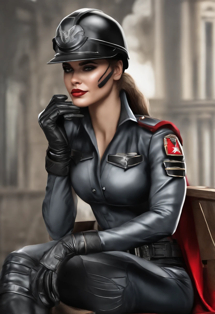 Woman Hero, strong, full body, soldier uniform, black mask, silver gloves, seated, comic style, colorful comics style, [black lines outline 0.8], professional art drawing for print, high definition, 8k