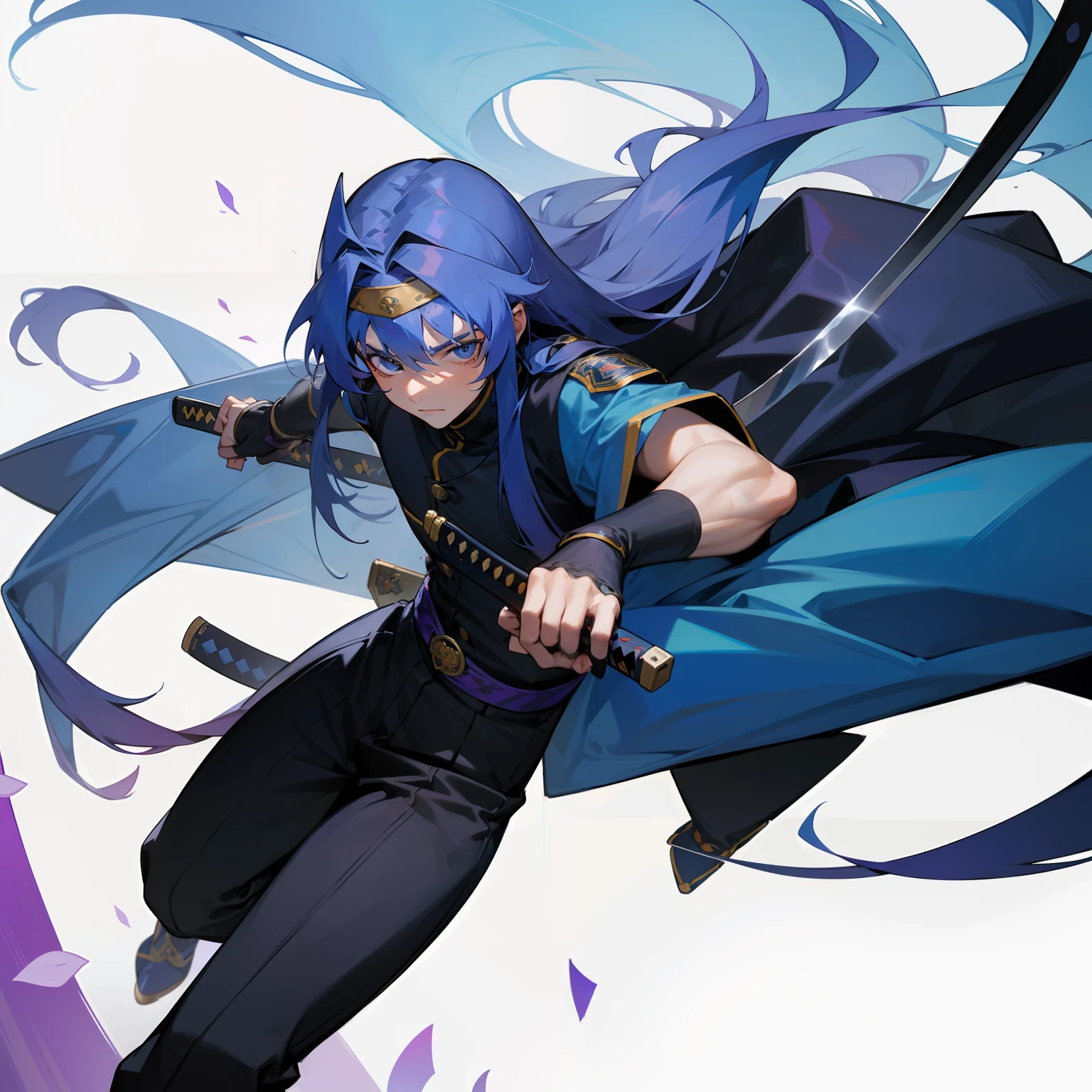 a 19-year-old man with long blue hair, Una diadema ninja, Guantes sin dedos, Botas, una camisa, Una chaqueta y una katana en mi cadera)