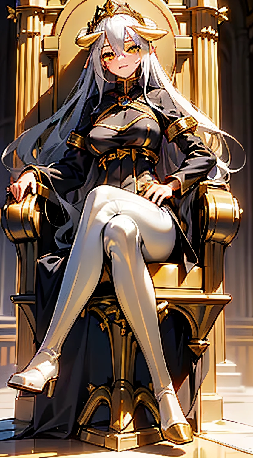 1girl,20 years,solo,happy face,black and golden long dress,medium tits,white hair,long hair,yellow eyes,elves ears, black small horns,white pantyhose,Detailed Long Boots,gold tiara,Luxurious Gold Decoration,(((sitting on a throne inside a castle)))