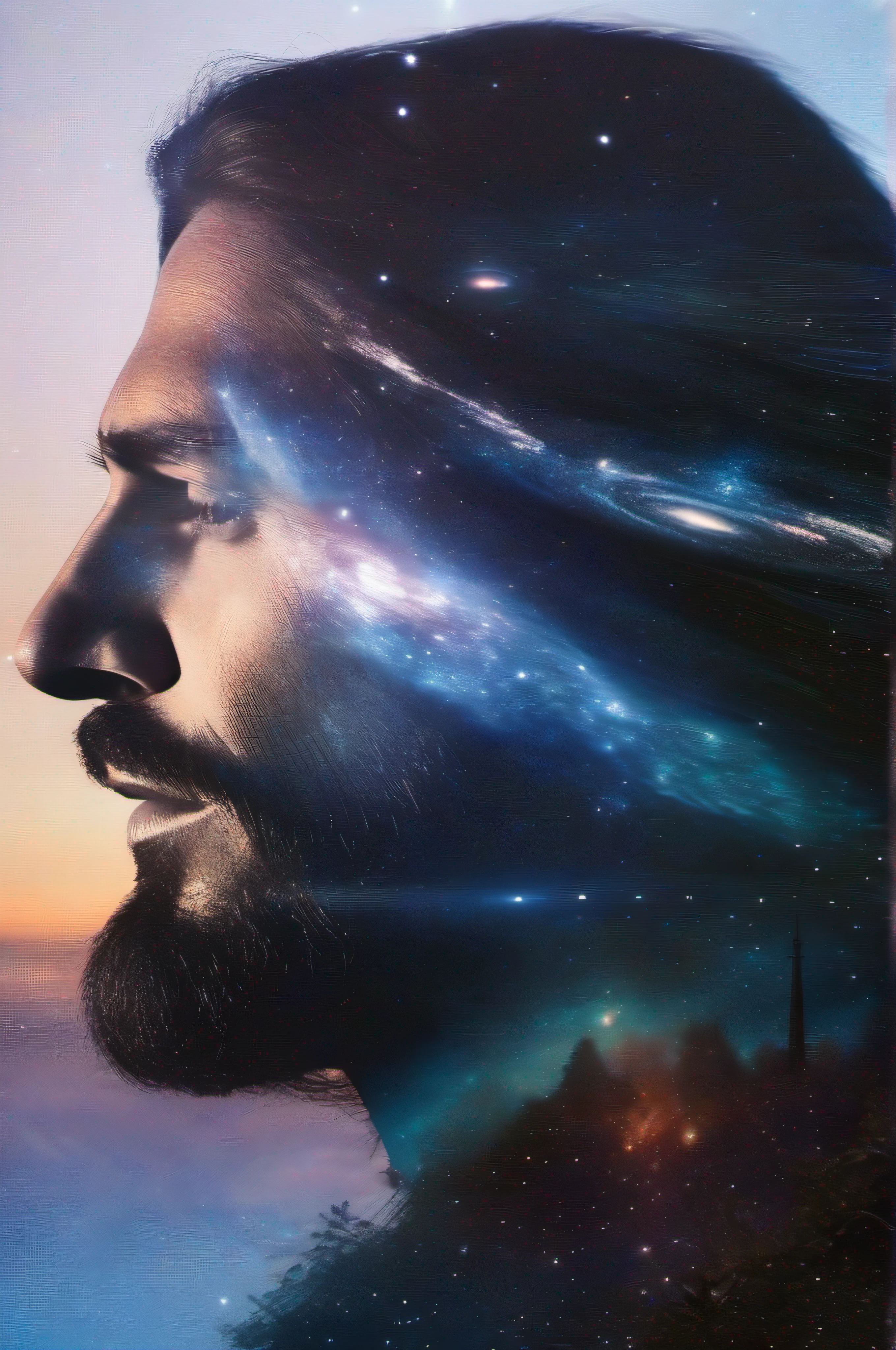 super sharp photo (((a captivating Double Exposure image by blending together Jesus Christ profile and the Galaxy))) : a friendly Jesus Christ should serve as the underlying backdrop, with the details of the Galaxy subtly incorporated into his contours : WHITE BACKGROUND : Laurence Winram