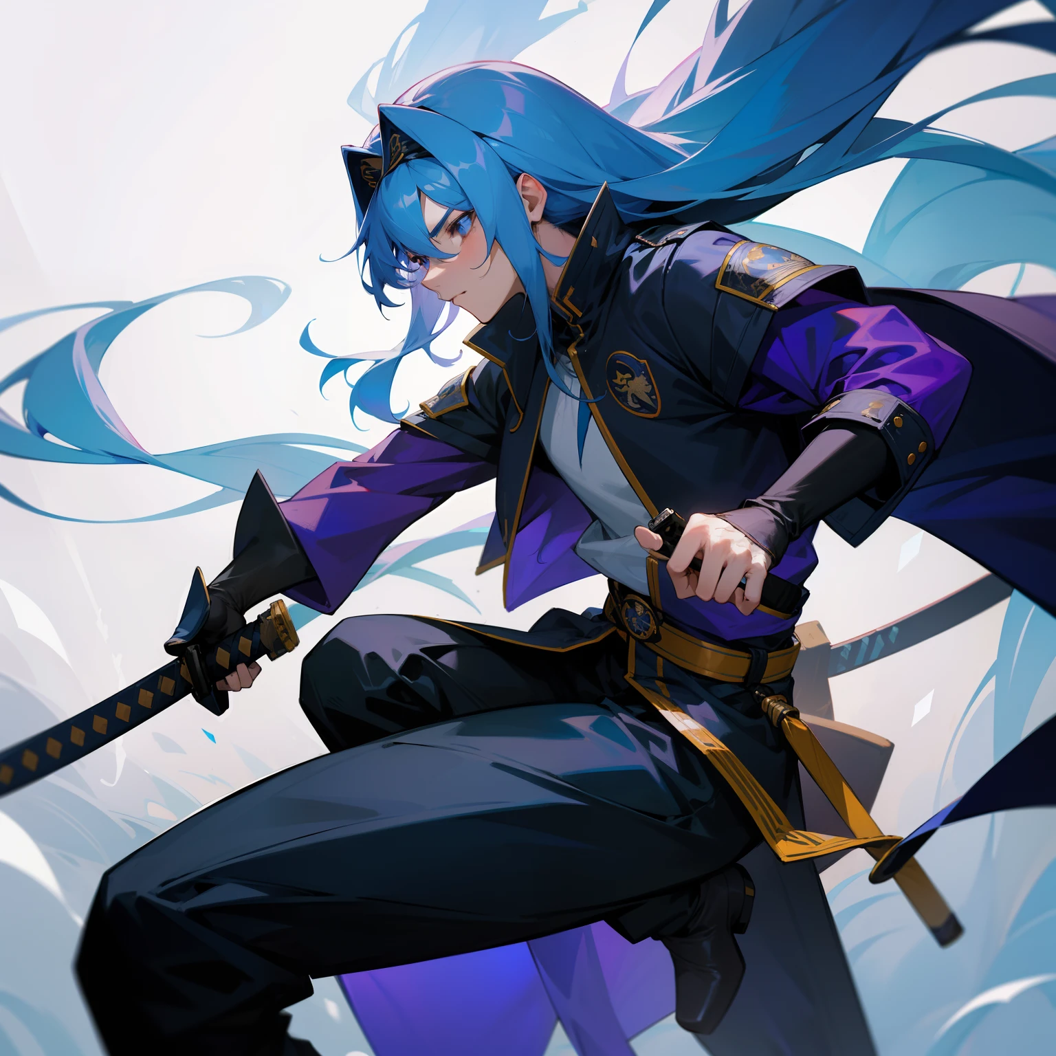 a 19-year-old man with long blue hair, Una diadema ninja, Guantes sin dedos, Botas, una camisa, Una chaqueta y una katana en mi cadera)