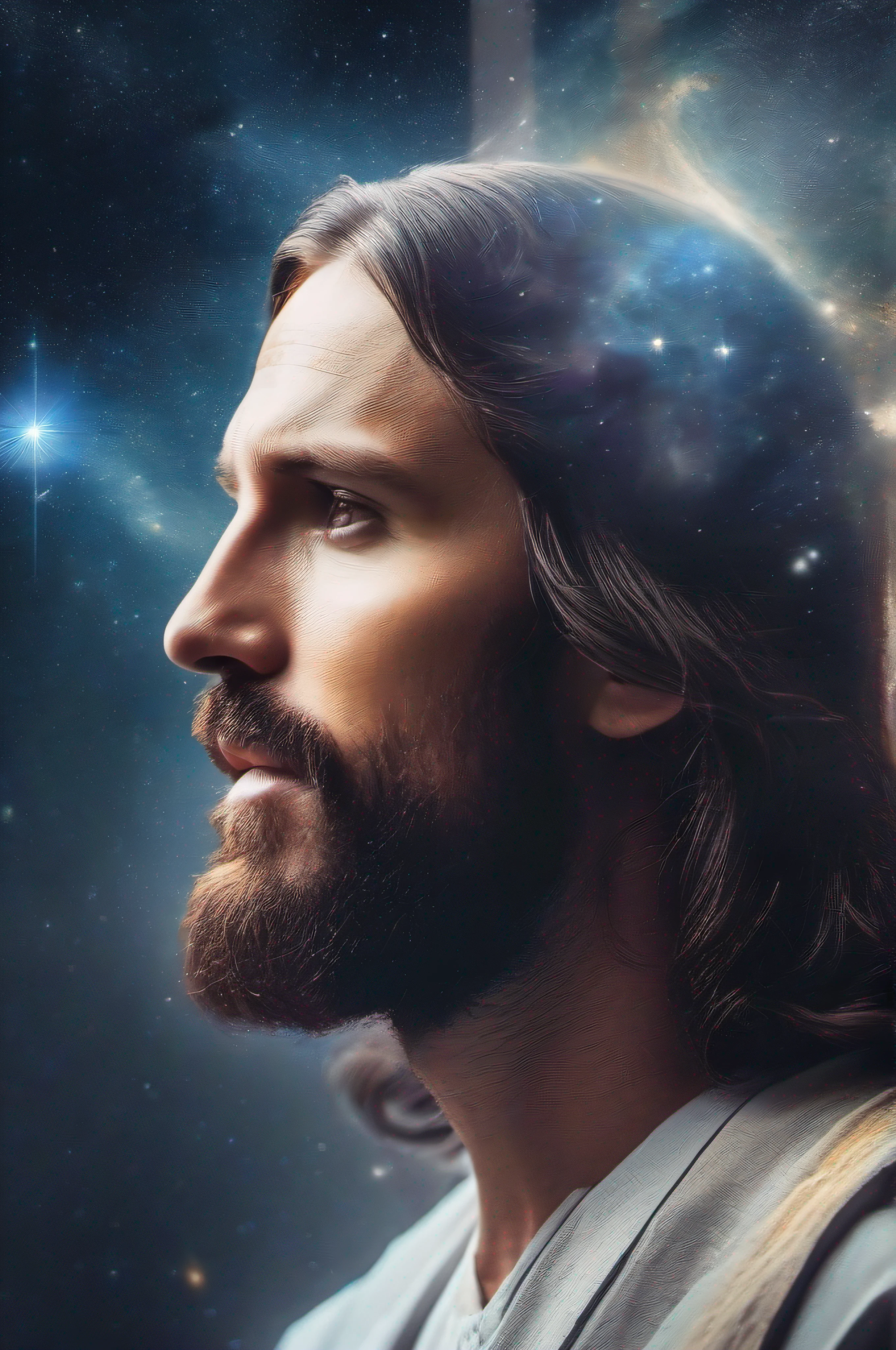 super sharp photo (((a captivating Double Exposure image by blending together Jesus Christ profile and the Galaxy))) : a friendly Jesus Christ should serve as the underlying backdrop, with the details of the Galaxy subtly incorporated into his contours : WHITE BACKGROUND : Laurence Winram