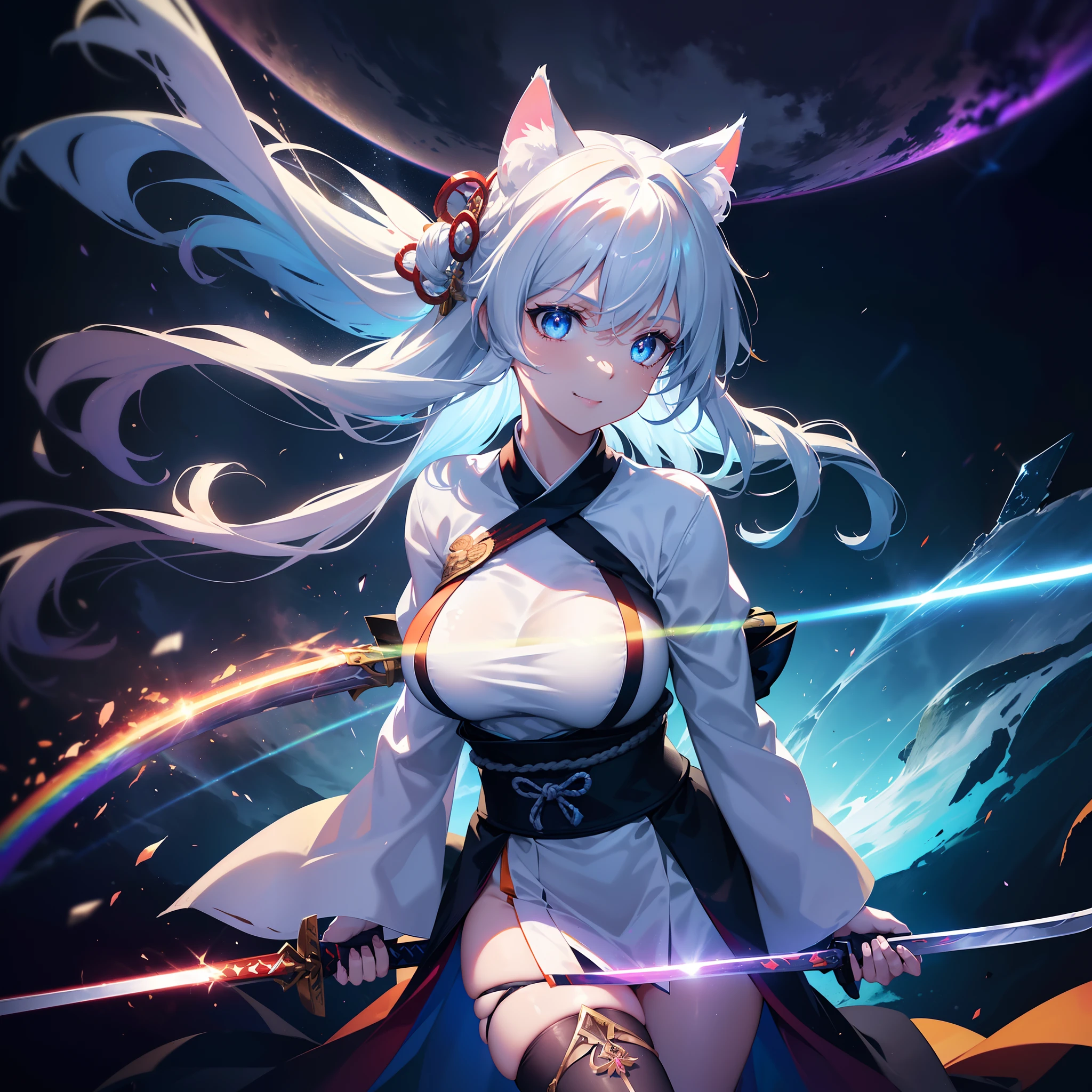 (Cat's ears:1.3),(Sky Eyes 1.3),(Face Focus:1.3), (Melancholy and smile:1.3),(Gentle face:1.3),(long white hair:1.3), hair messy, (Eye color is orange:1.3), (perfectly detailed eyes:1.3),Dynamic Angle,Her skin is pale,(White and blue priestess costume:1.3),(Transverse breasts:1.7),(Dual-wielding combat pose:1.3),(The red glowing samurai sword:1.3),(Sword shining in blue lightning:1.3),She has a samurai sword,dual-wielding,Unleash the Blade of Light,(Colossal tits:1.3),(Chest zoom:1.3),Highest Quality, Raise the railgun, ((sanpaku))(Pubic hair shows through)), (Blue glowing thunder sword:1.3),(Fiery Red Sword:1.3),Countless blades glowing blue,Lens Flare, Big rainbow,The moon shines,Star chips, bloom, ((light glow)), chromatic abberation], Digital Painting, Insane details, Intricate details, Beautifully color graded, Unreal Engine, Cinematic , colour grading, Editorial Photography , Photography, Kiss Shot, Canon 5D Camera Photography,Shot on 70mm lens, Depth of subject, ultra sharpness, nffsw, octane, Unreal, Dramatic light, Global Illumination,Motion Picture Film,rainbow,lensflare,(Rainbow Moon Wave Art:1.3),(Sengoku:1.3),(Agfacolor:1.3),(close portrait:1.3),(Feminine:1.4),(Beautiful:1.4),(Attractive:1.3),Move an angle,Themed Background,