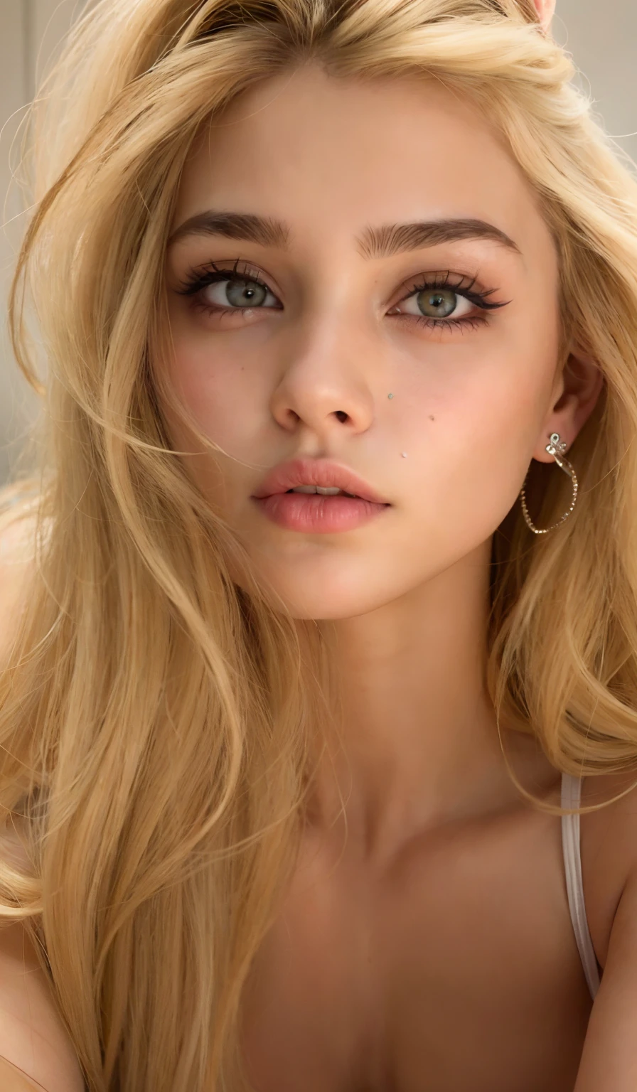 uma mulher com longos cabelos loiros e olhos azuis posando para uma foto, rosto extremamente bonito,  modelo bonita, menina bonita, sardas fofas leves, rosto bonito atraente, cabelos loiros e olhos grandes, sardas claras, cara muito bonita, belo rosto delicado, rosto e olhos perfeitos, cara muito bonita, rosto lindo, lindo rosto atraente, modelo bonito da menina, sardto leves