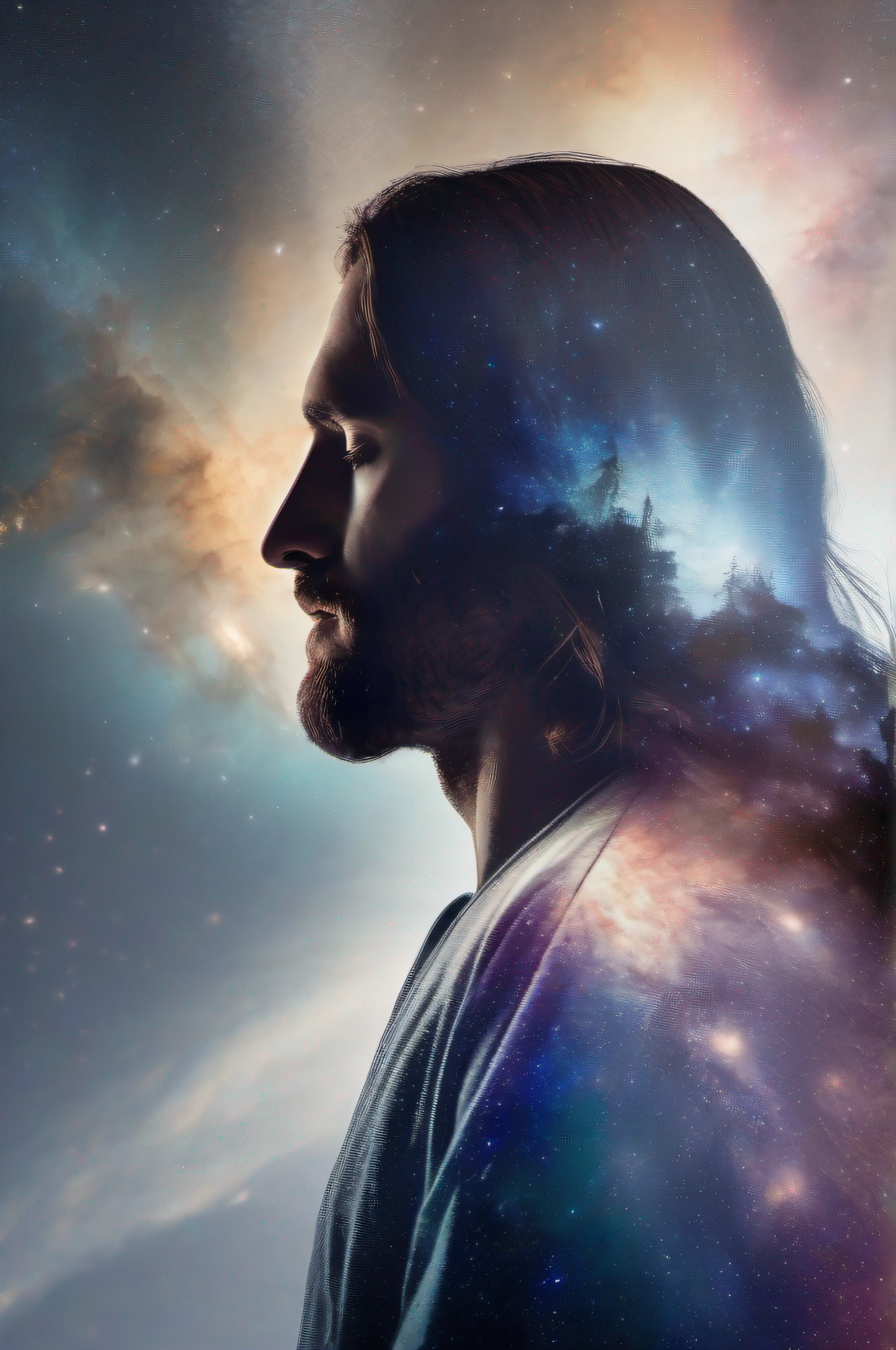 8k resolution photo (((a captivating Double Exposure image by blending together Jesus Christ profile and the Galaxy))) :  a friendly Jesus Christ should serve as the underlying backdrop, with the details of the Galaxy subtly incorporated into his contours  : WHITE BACKGROUND : Laurence Winram